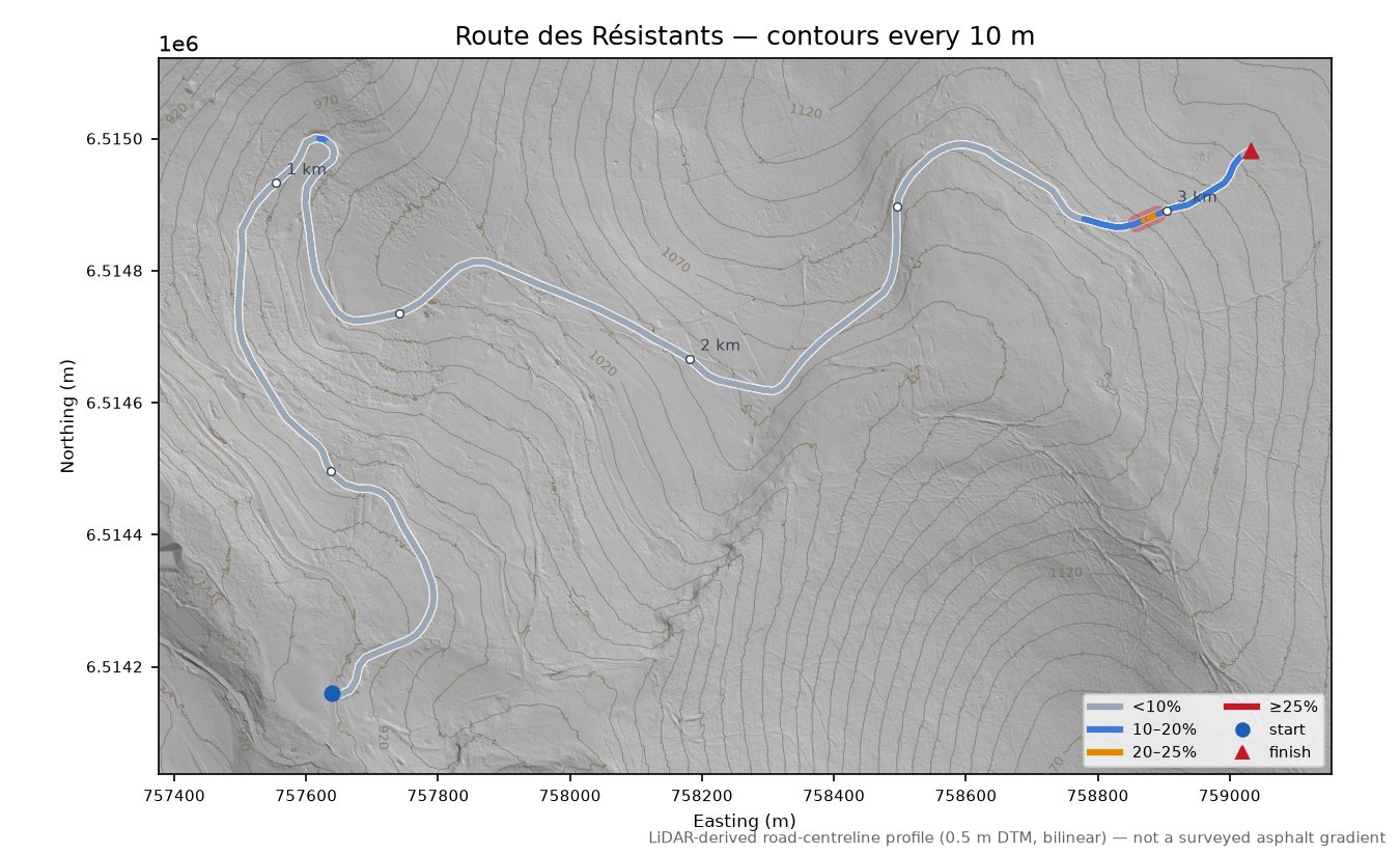 Route des Résistants LiDAR hillshade map with contours