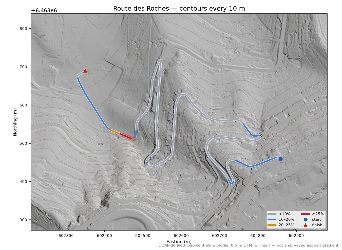 Route des Roches LiDAR hillshade map with contours