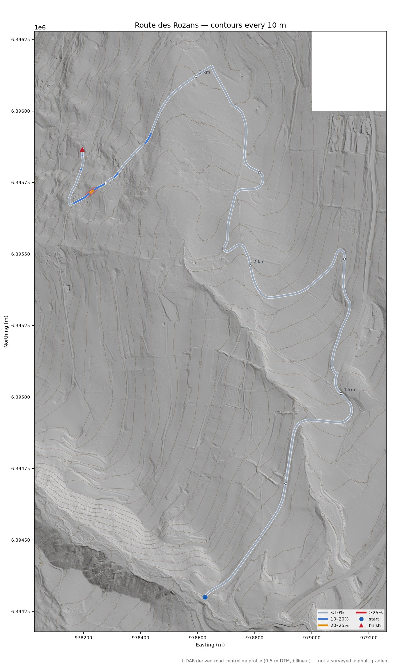 Route des Rozans LiDAR hillshade map with contours