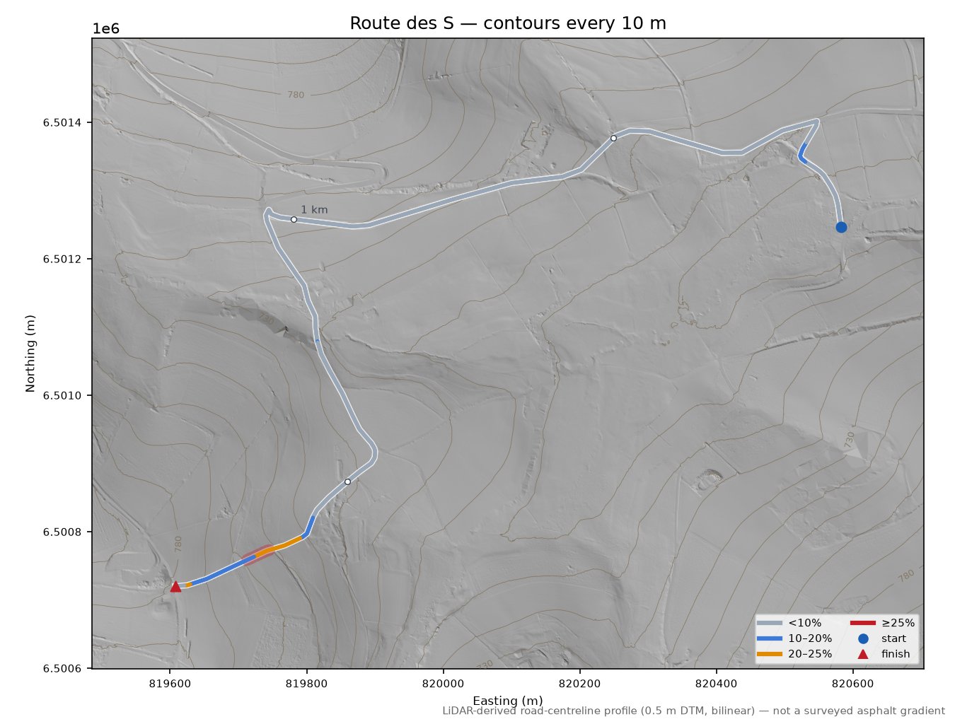 Route des S LiDAR hillshade map with contours