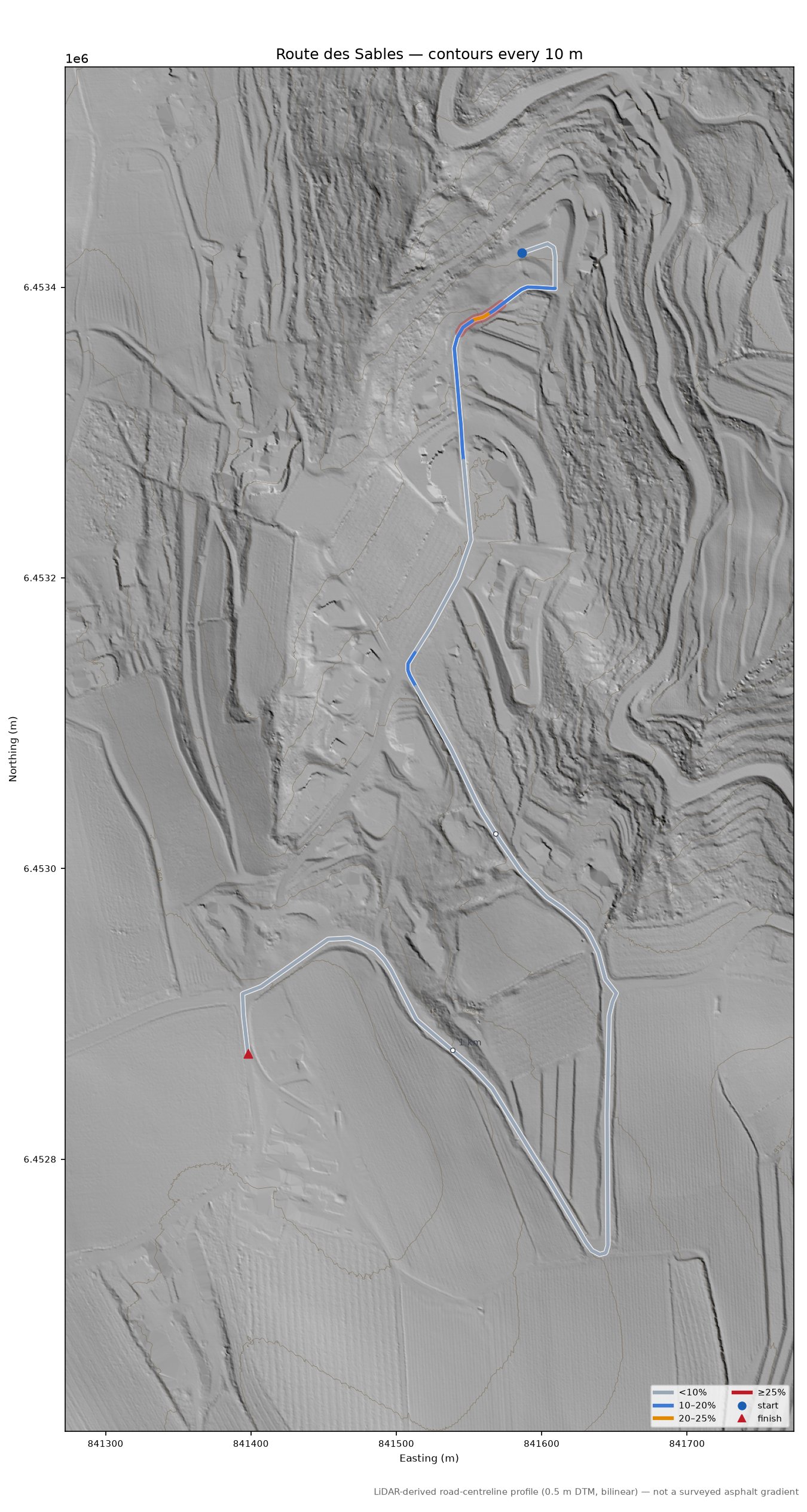 Route des Sables LiDAR hillshade map with contours
