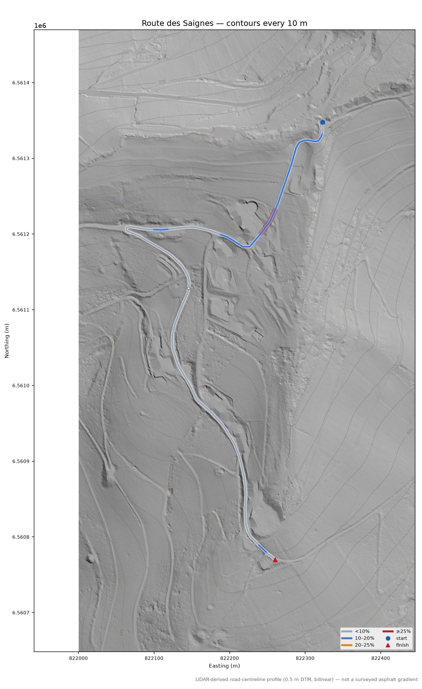 Route des Saignes LiDAR hillshade map with contours
