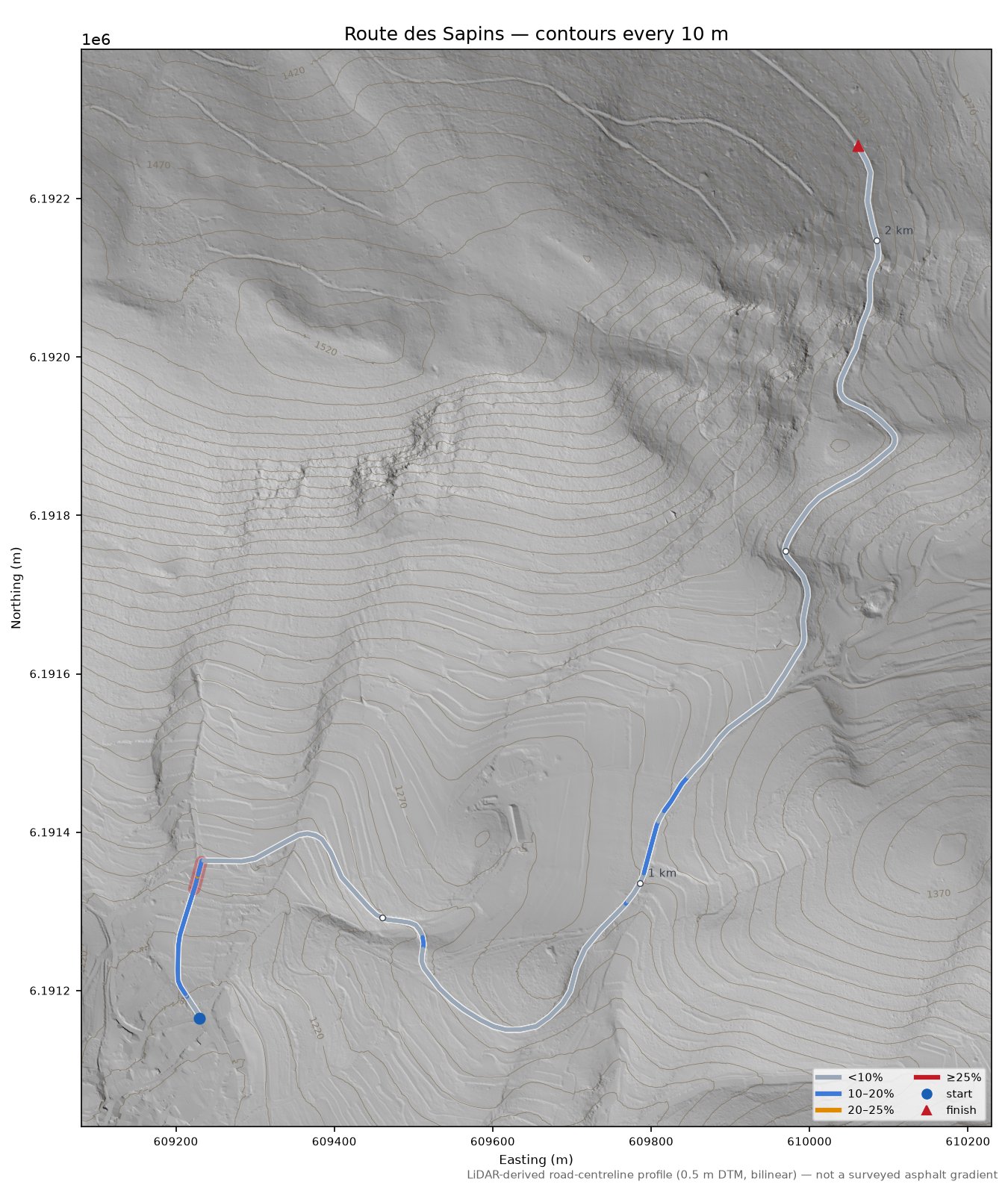 Route des Sapins LiDAR hillshade map with contours