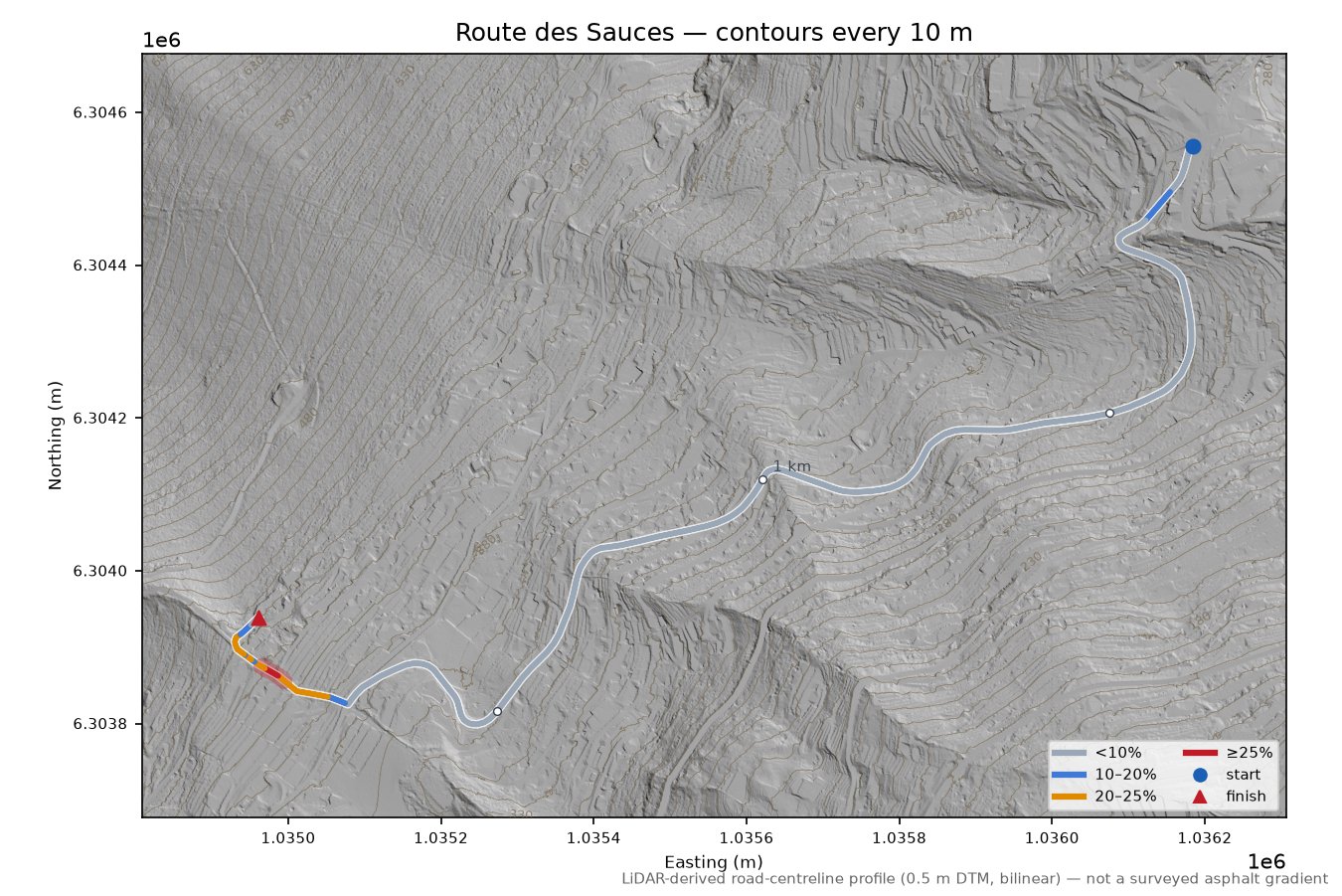 Route des Sauces LiDAR hillshade map with contours