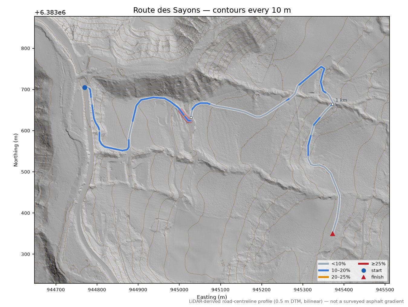 Route des Sayons LiDAR hillshade map with contours