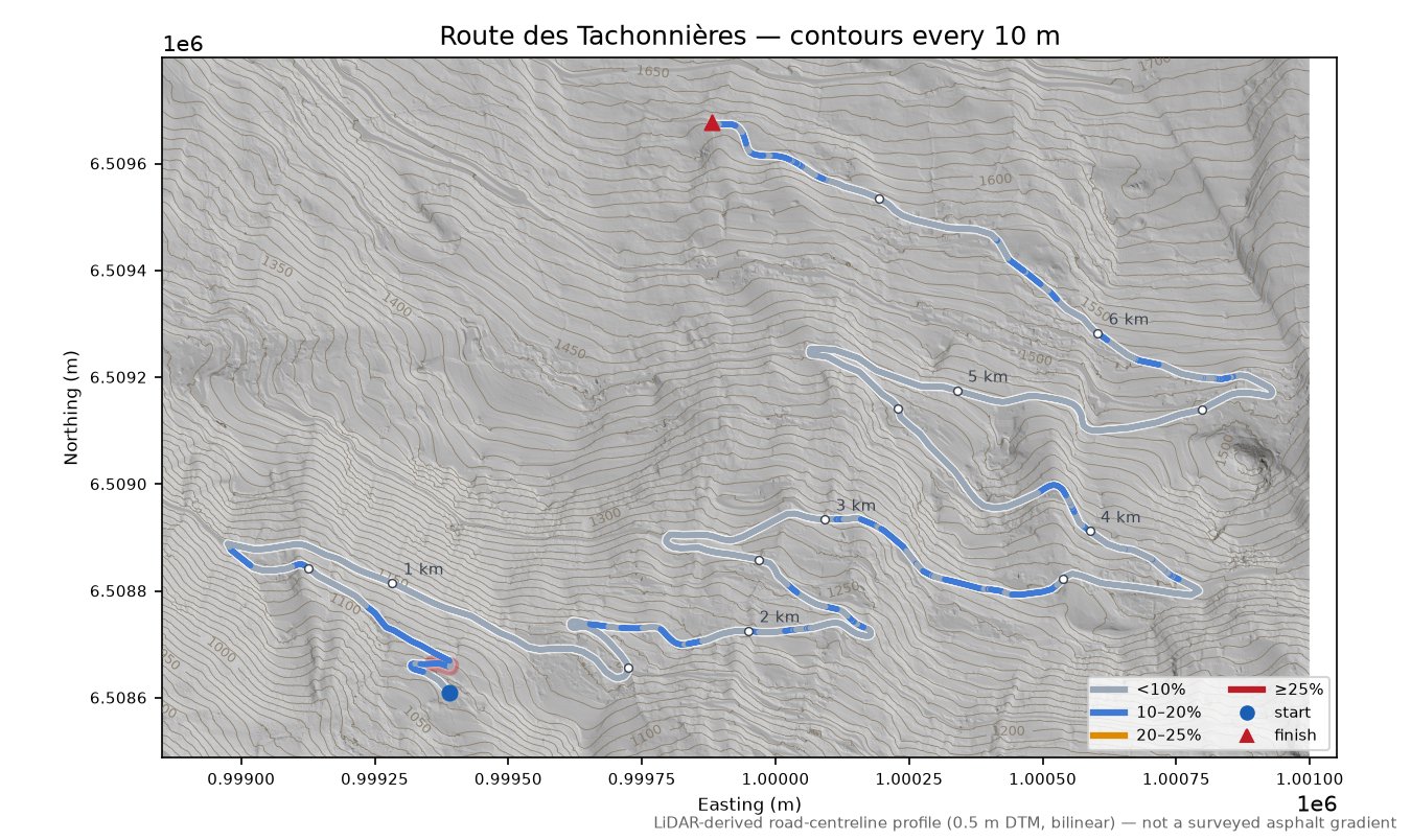 Route des Tachonnières LiDAR hillshade map with contours