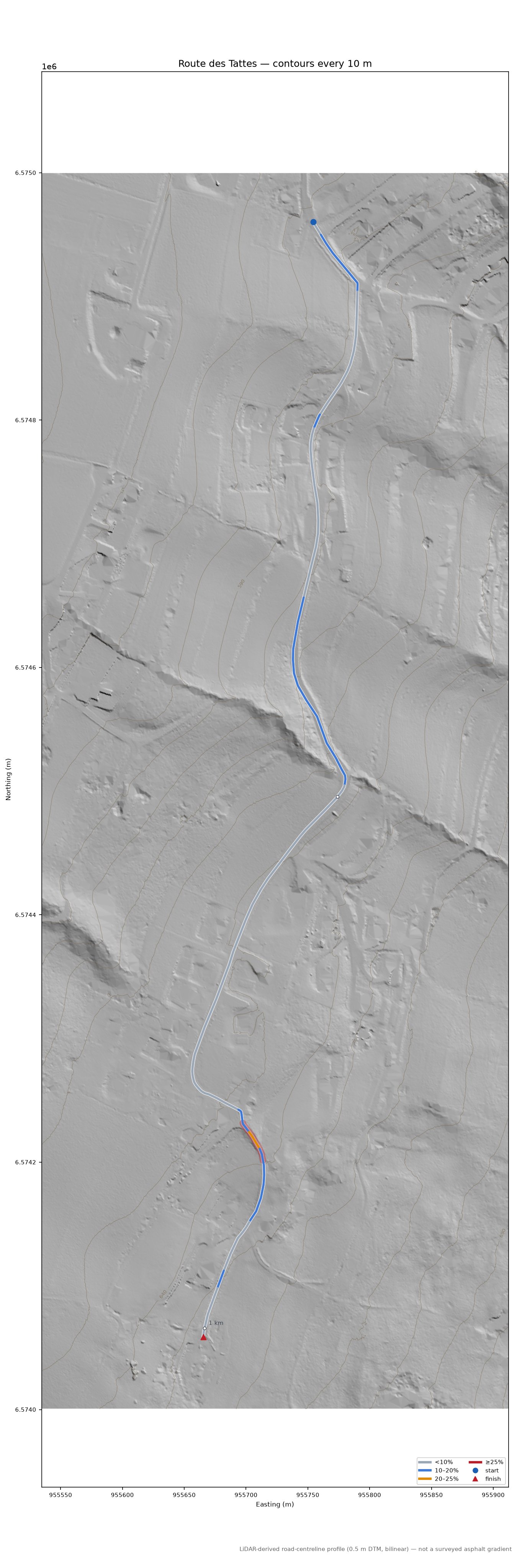 Route des Tattes LiDAR hillshade map with contours