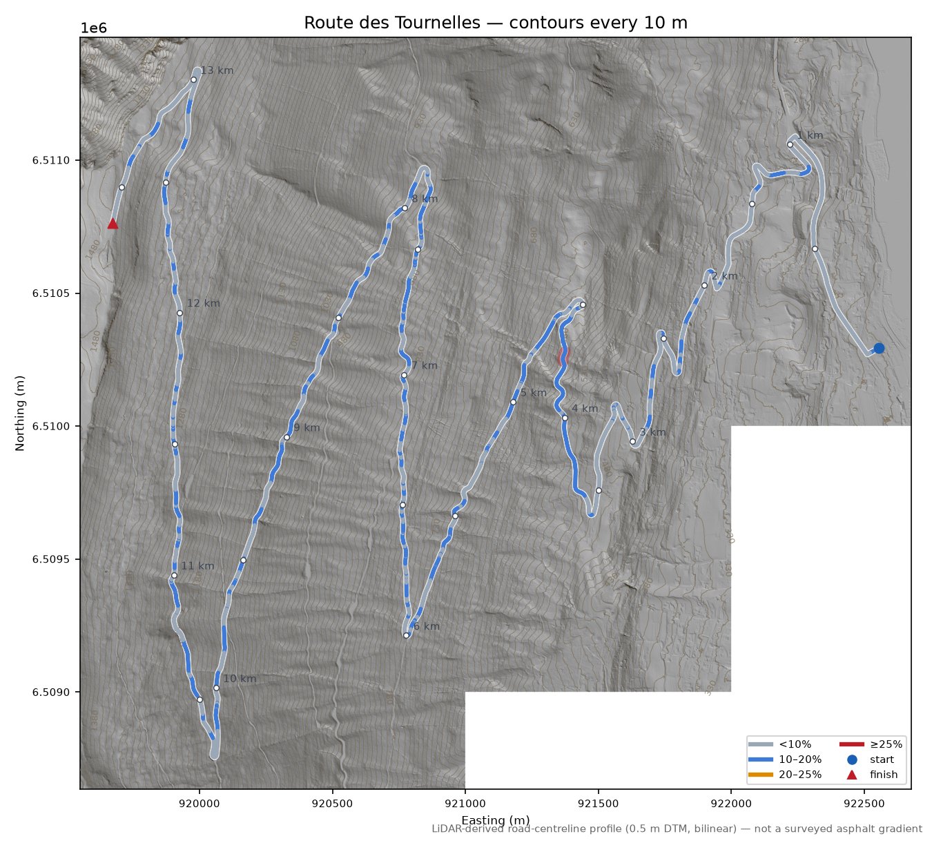 Route des Tournelles LiDAR hillshade map with contours