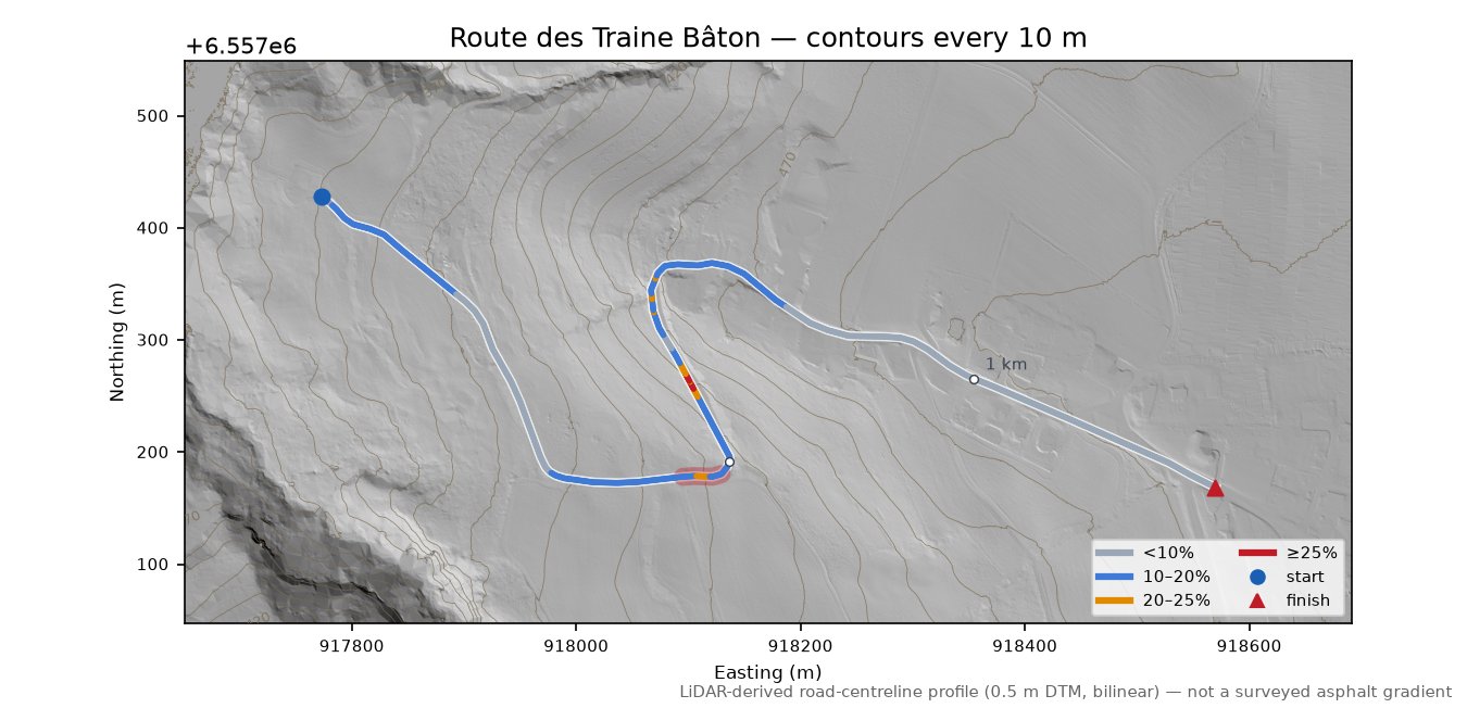 Route des Traine Bâton LiDAR hillshade map with contours