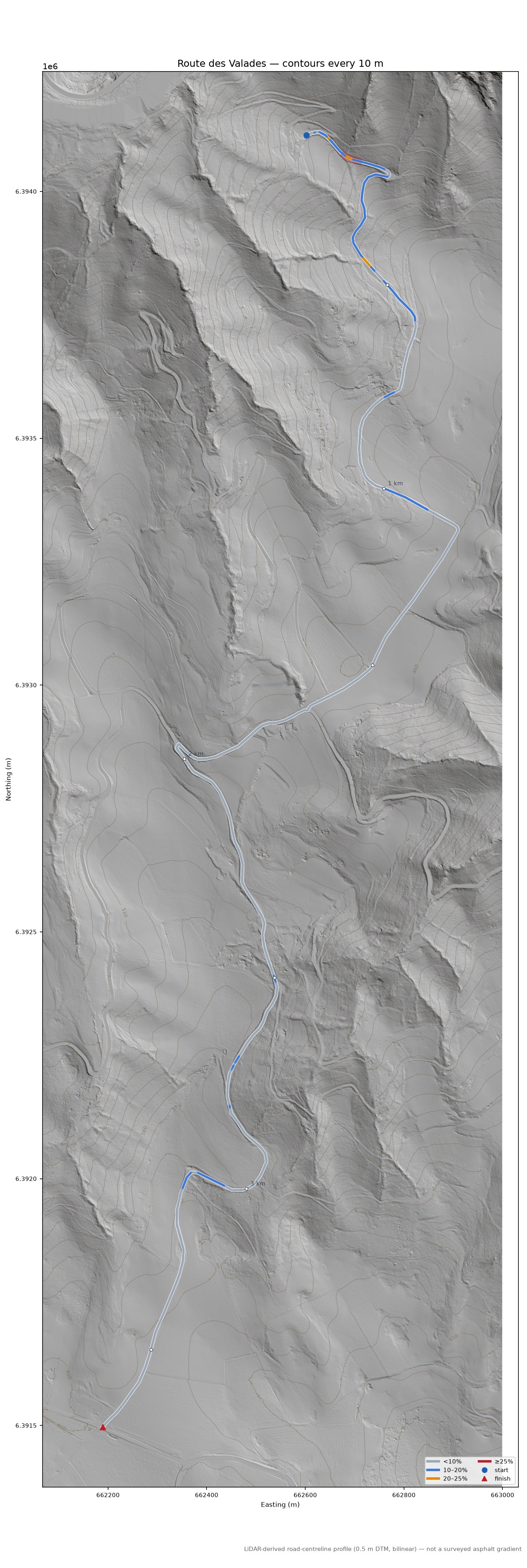 Route des Valades LiDAR hillshade map with contours