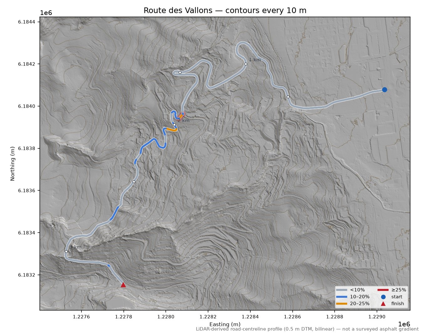 Route des Vallons LiDAR hillshade map with contours