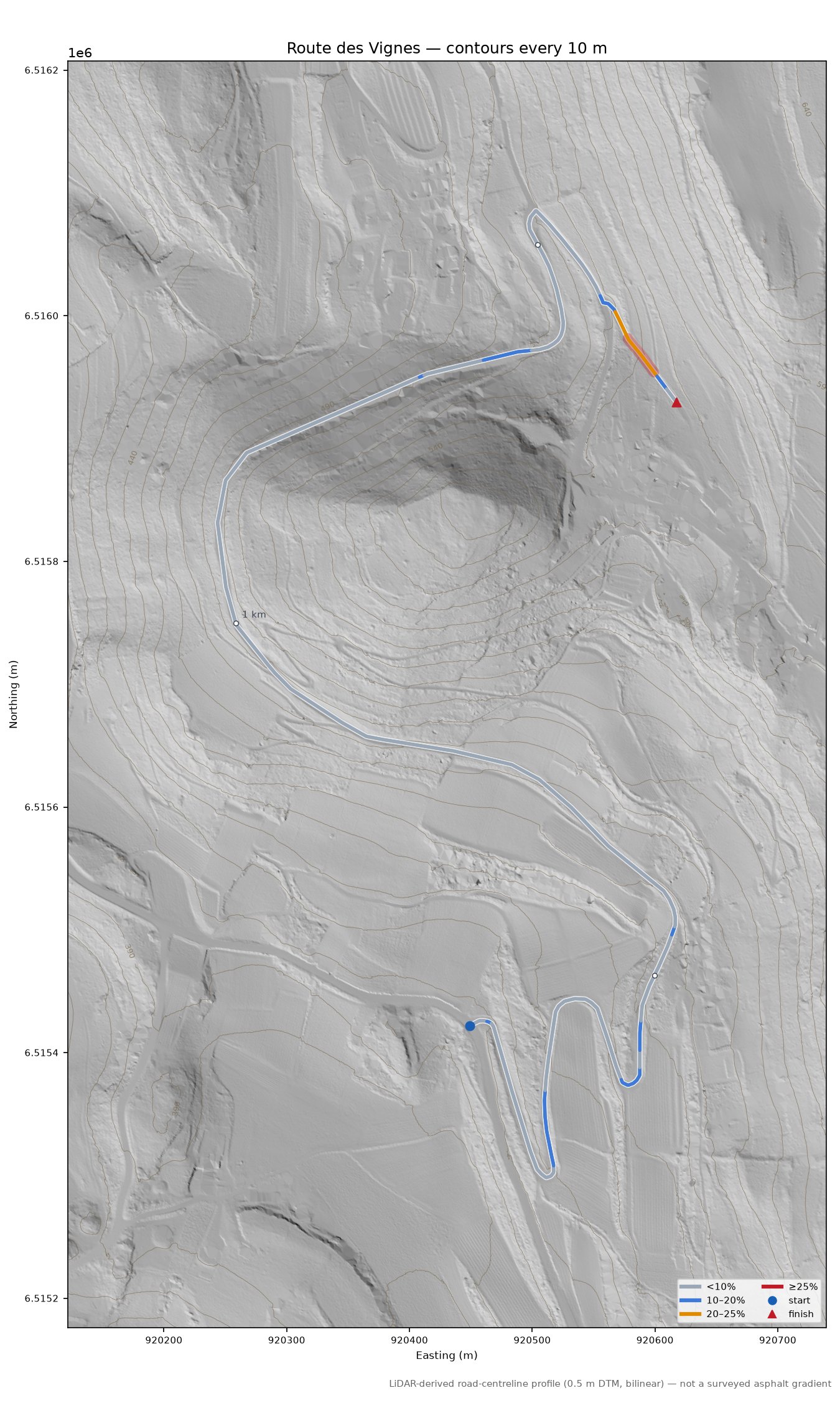 Route des Vignes LiDAR hillshade map with contours