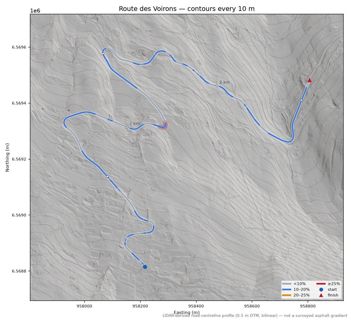 Route des Voirons LiDAR hillshade map with contours