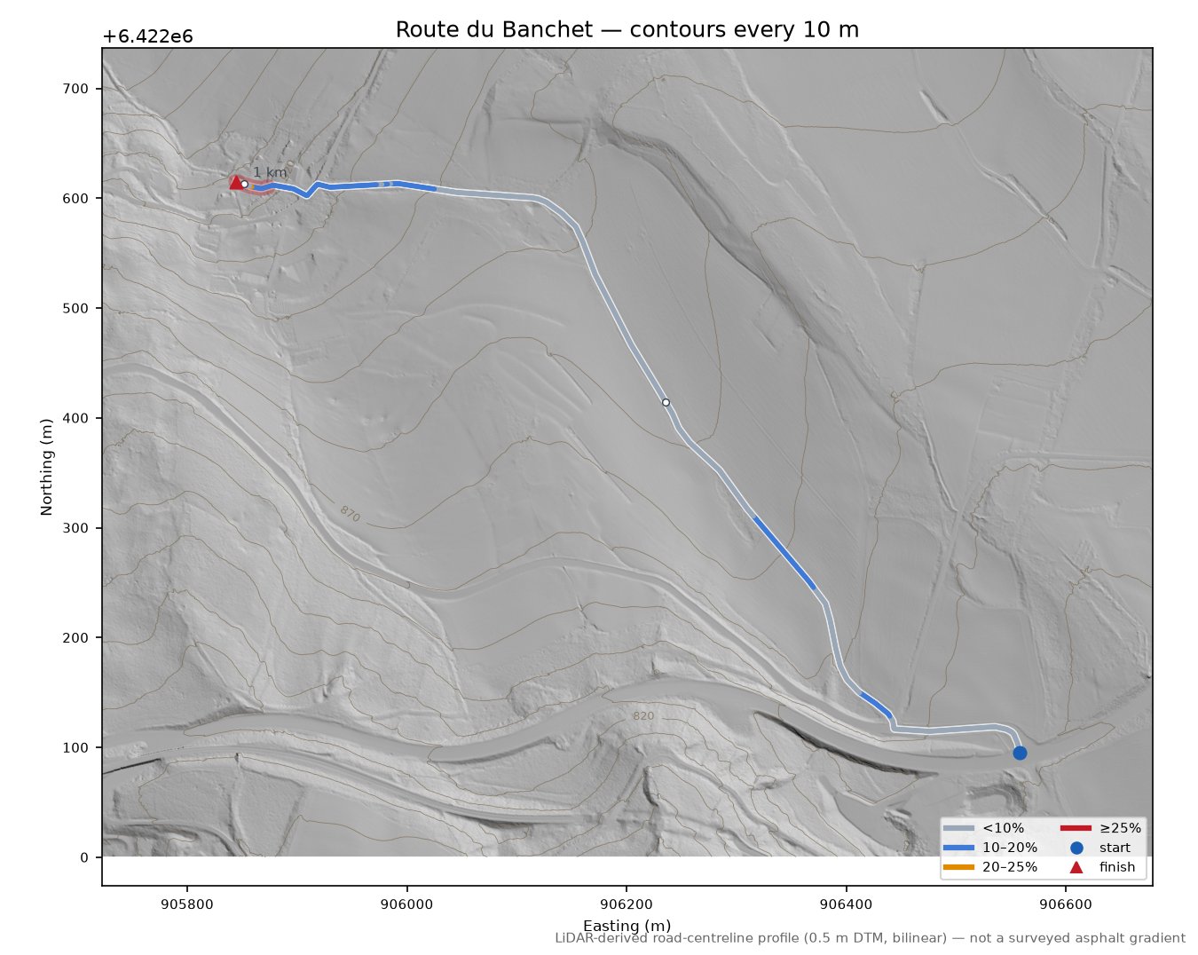 Route du Banchet LiDAR hillshade map with contours