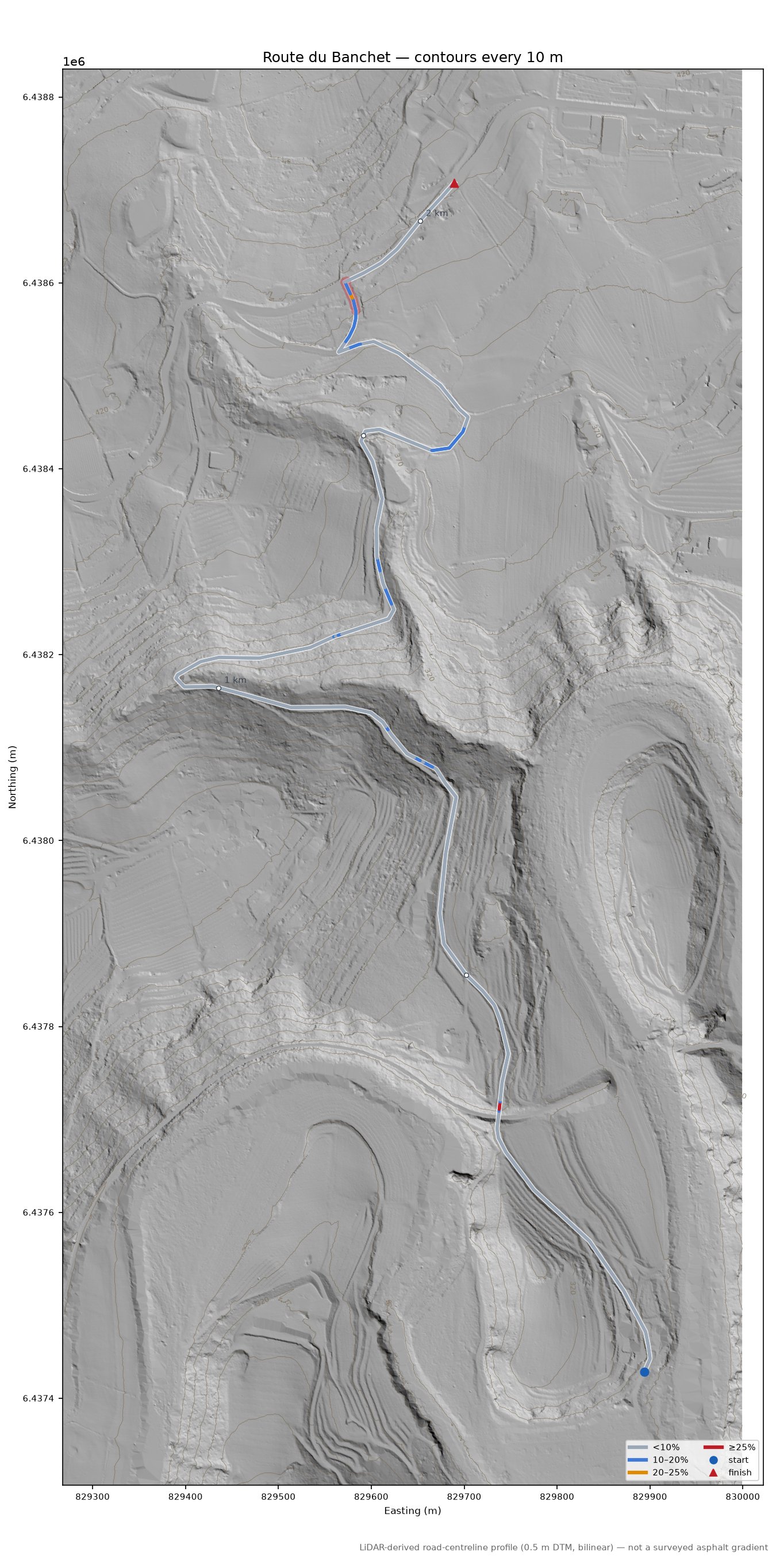 Route du Banchet LiDAR hillshade map with contours