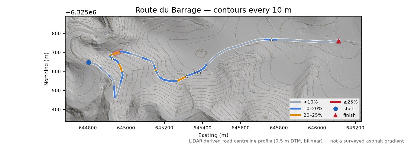 Route du Barrage LiDAR hillshade map with contours