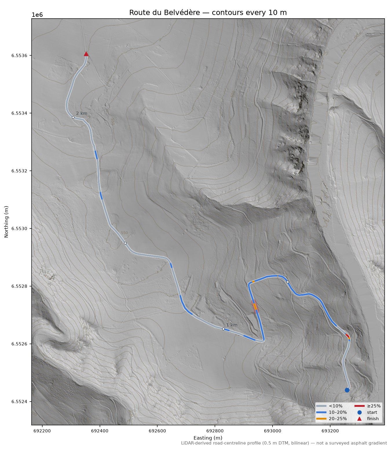 Route du Belvédère LiDAR hillshade map with contours