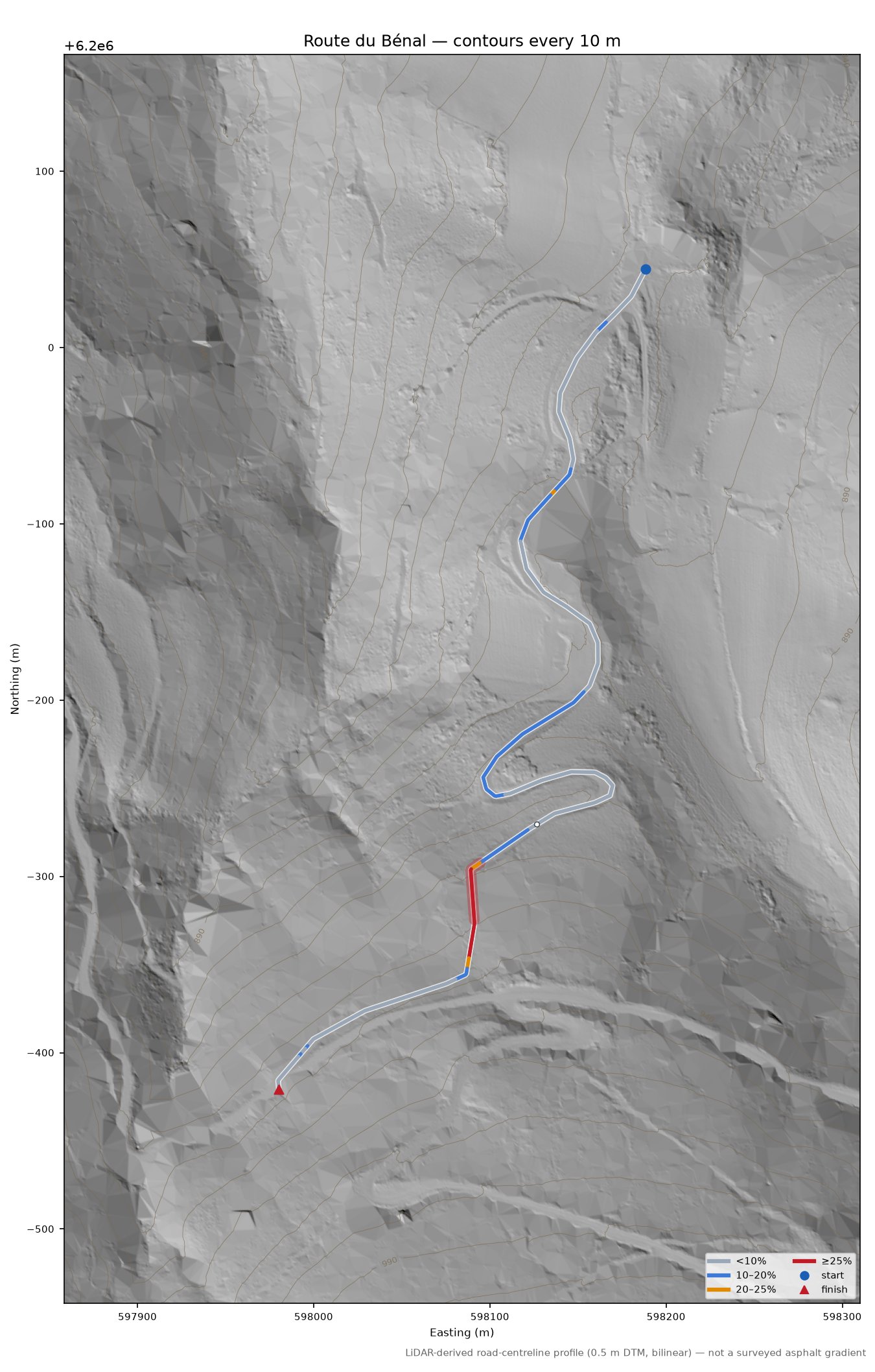 Route du Bénal LiDAR hillshade map with contours