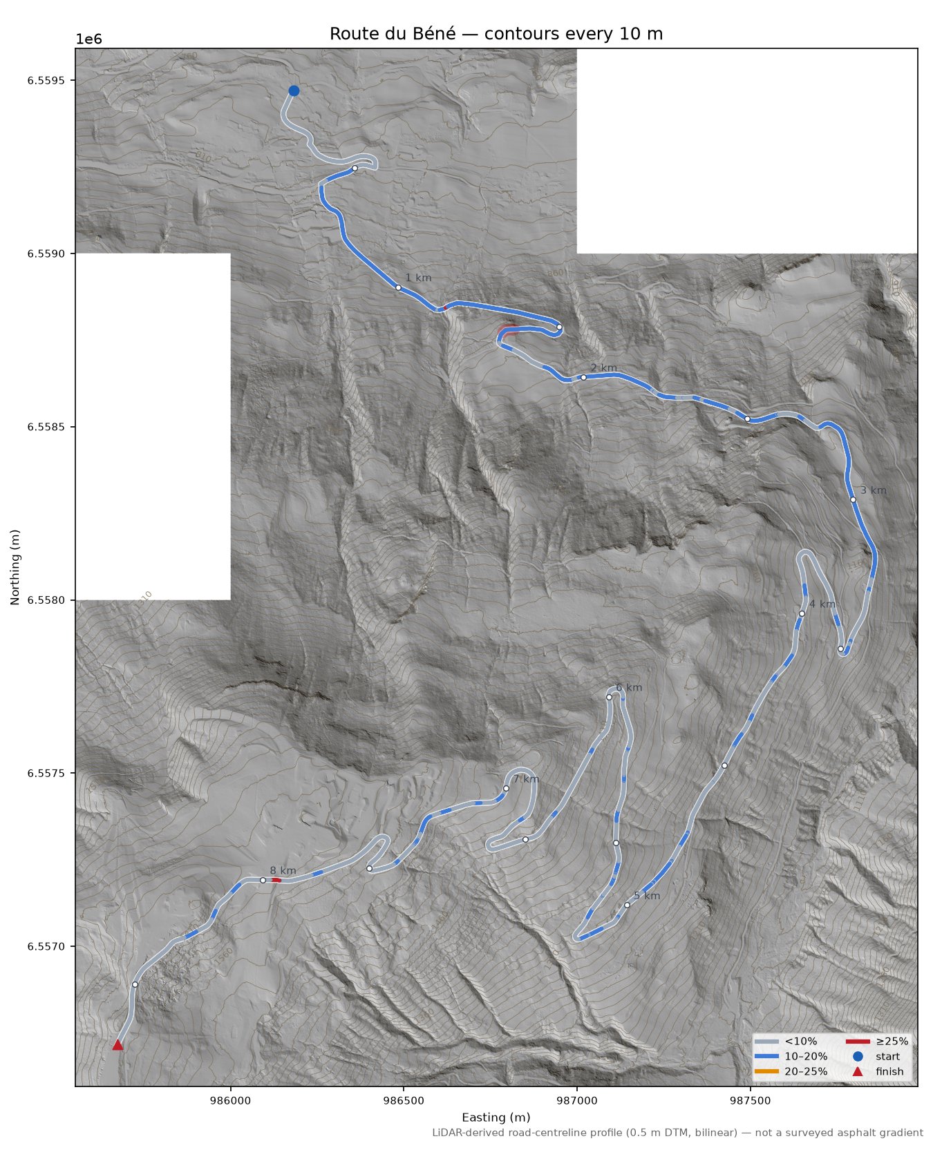 Route du Béné LiDAR hillshade map with contours
