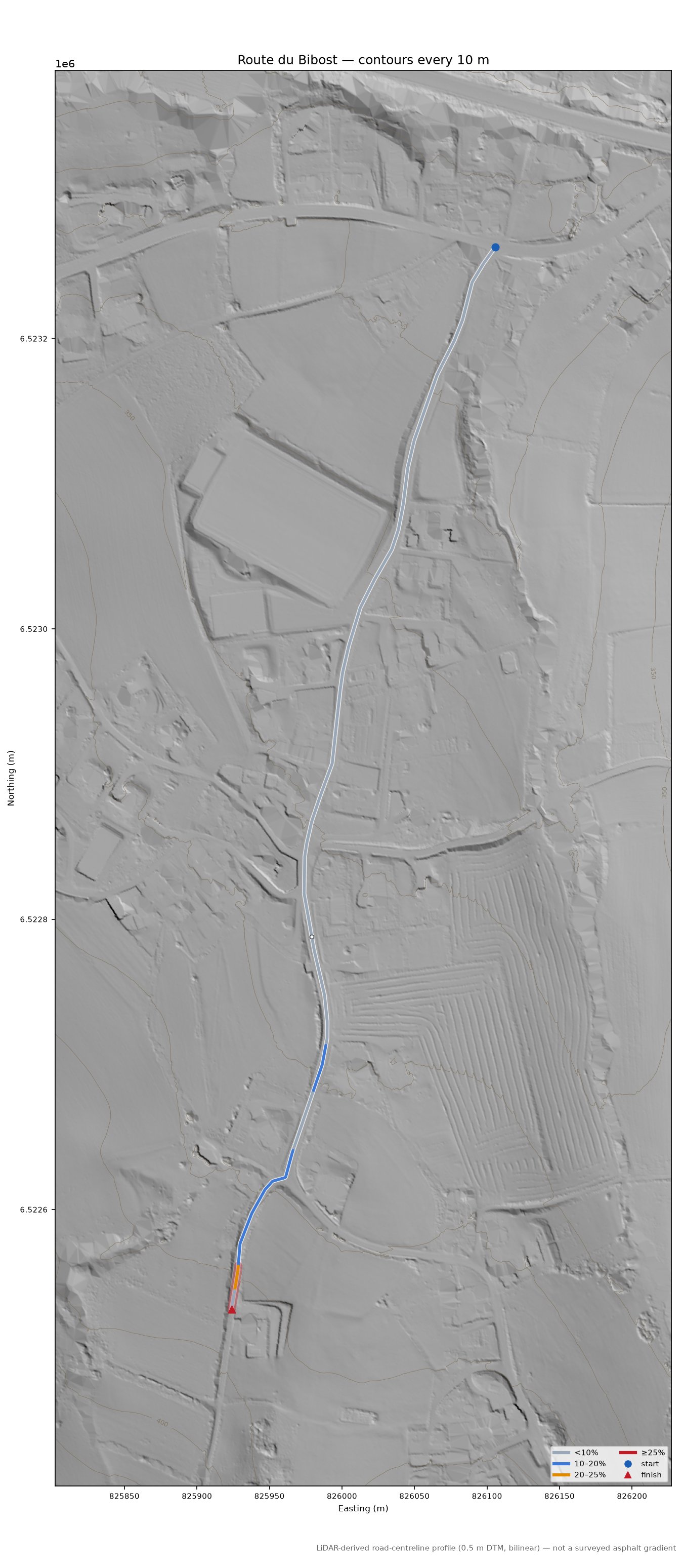 Route du Bibost LiDAR hillshade map with contours