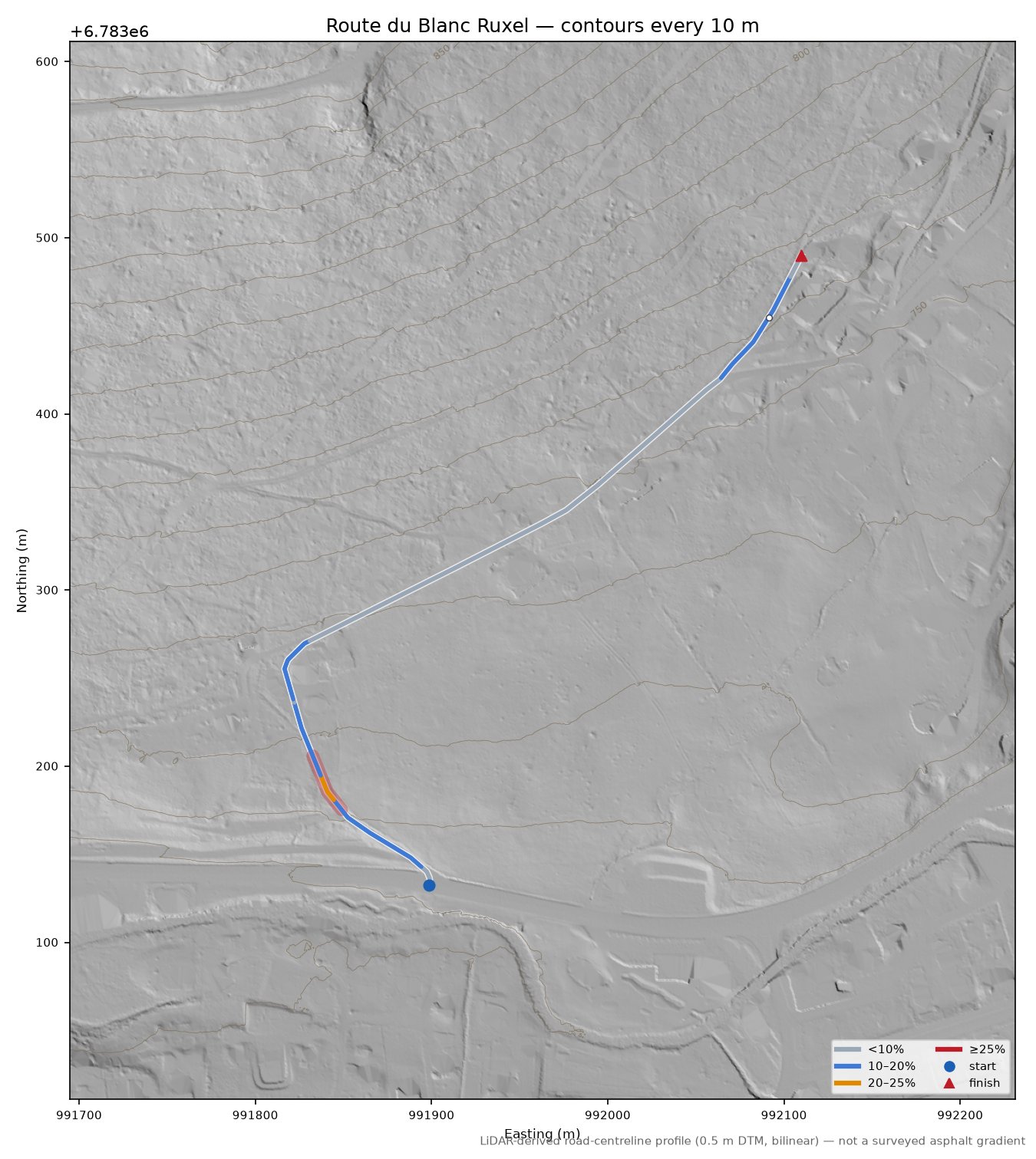 Route du Blanc Ruxel LiDAR hillshade map with contours