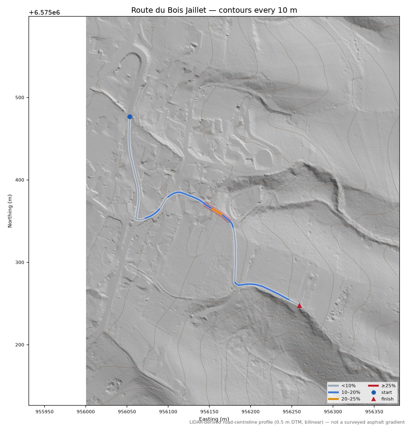 Route du Bois Jaillet LiDAR hillshade map with contours
