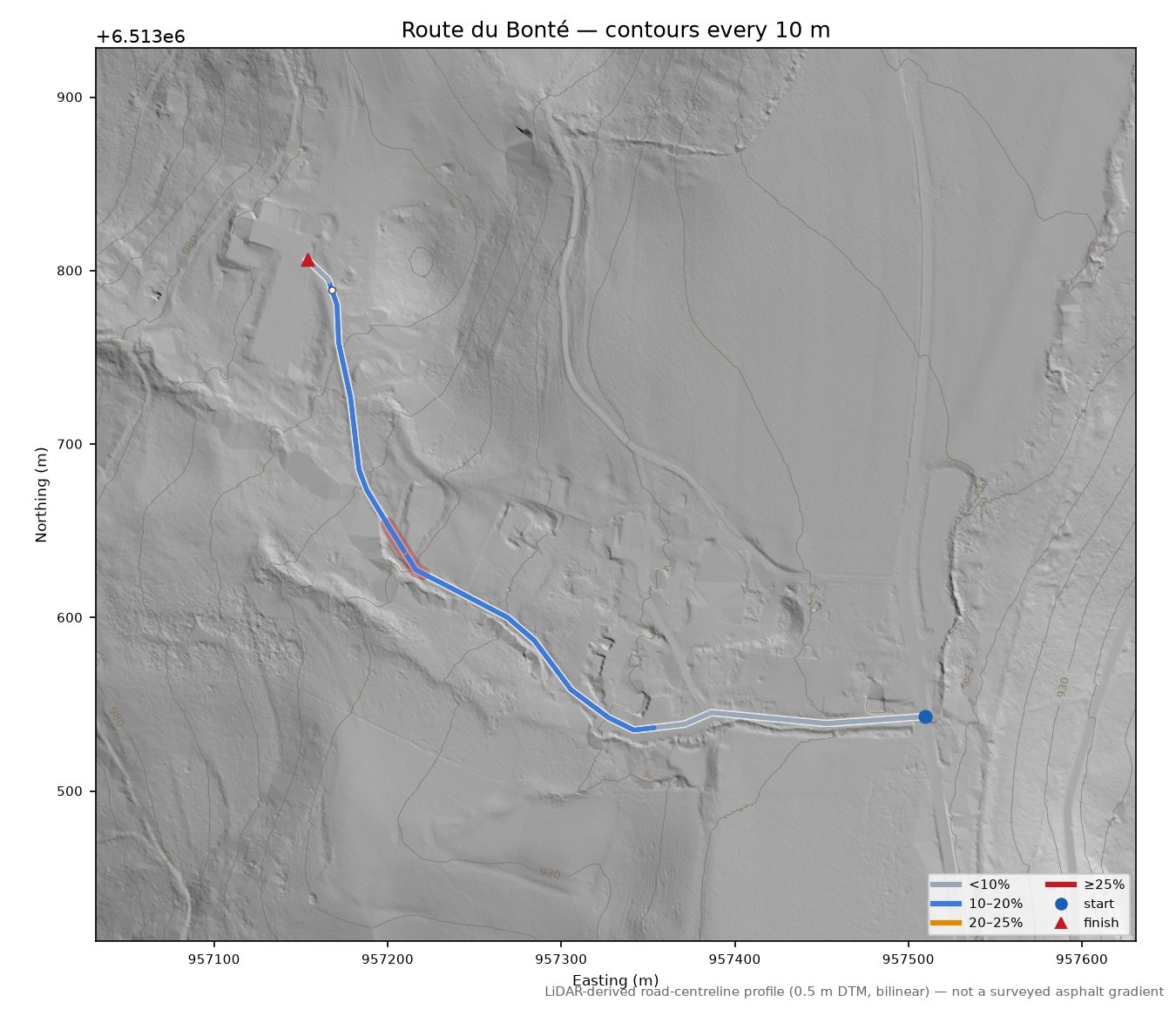 Route du Bonté LiDAR hillshade map with contours