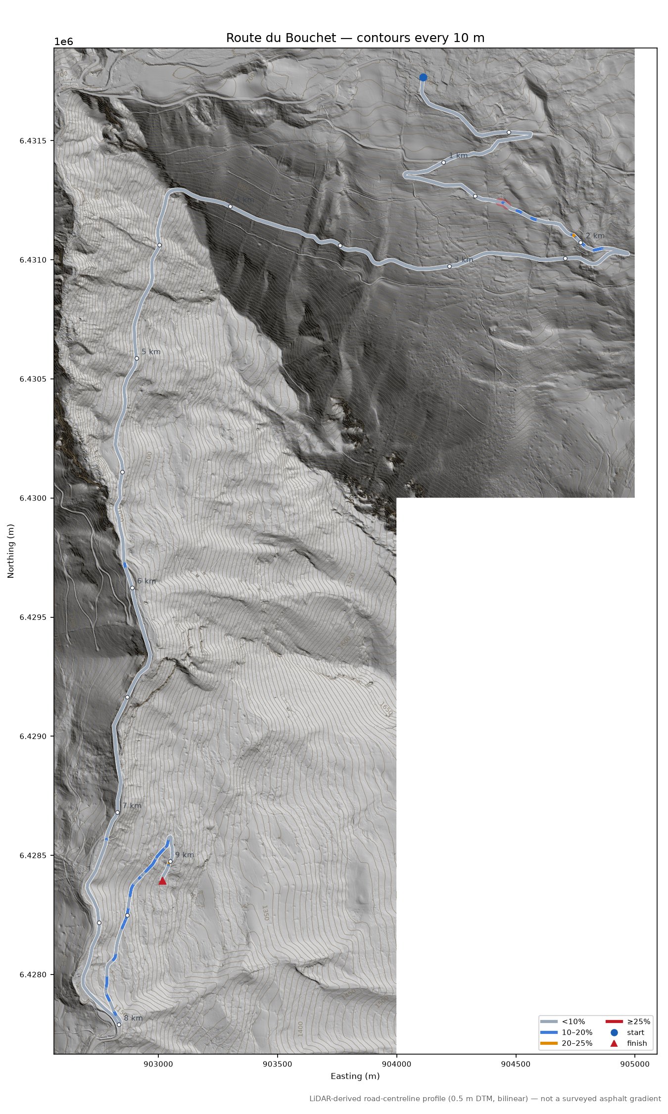 Route du Bouchet LiDAR hillshade map with contours