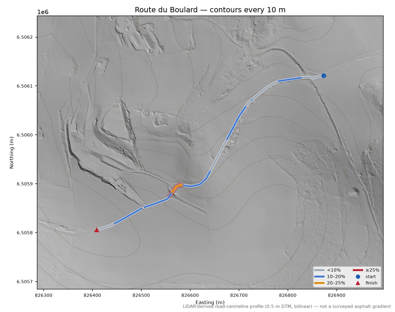 Route du Boulard LiDAR hillshade map with contours
