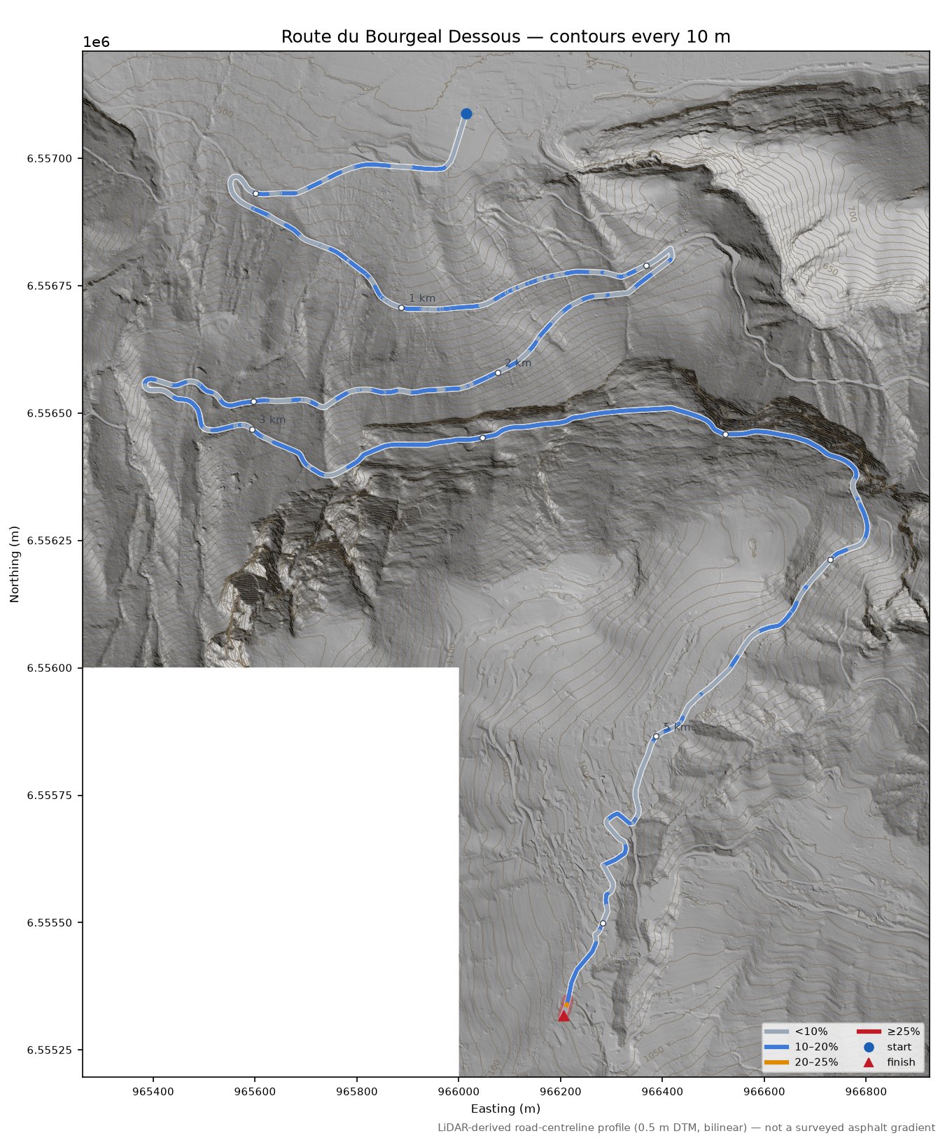 Route du Bourgeal Dessous LiDAR hillshade map with contours
