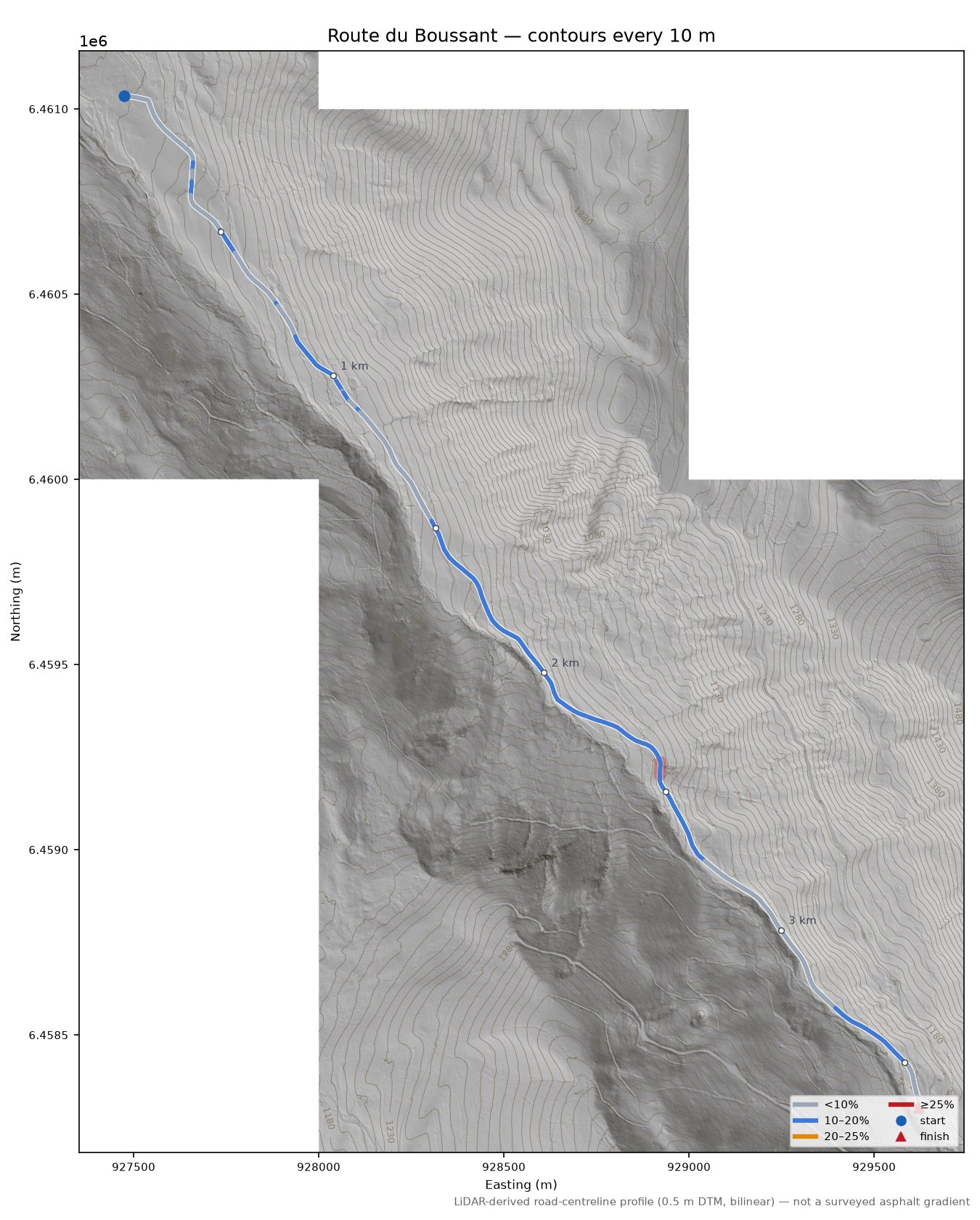 Route du Boussant LiDAR hillshade map with contours