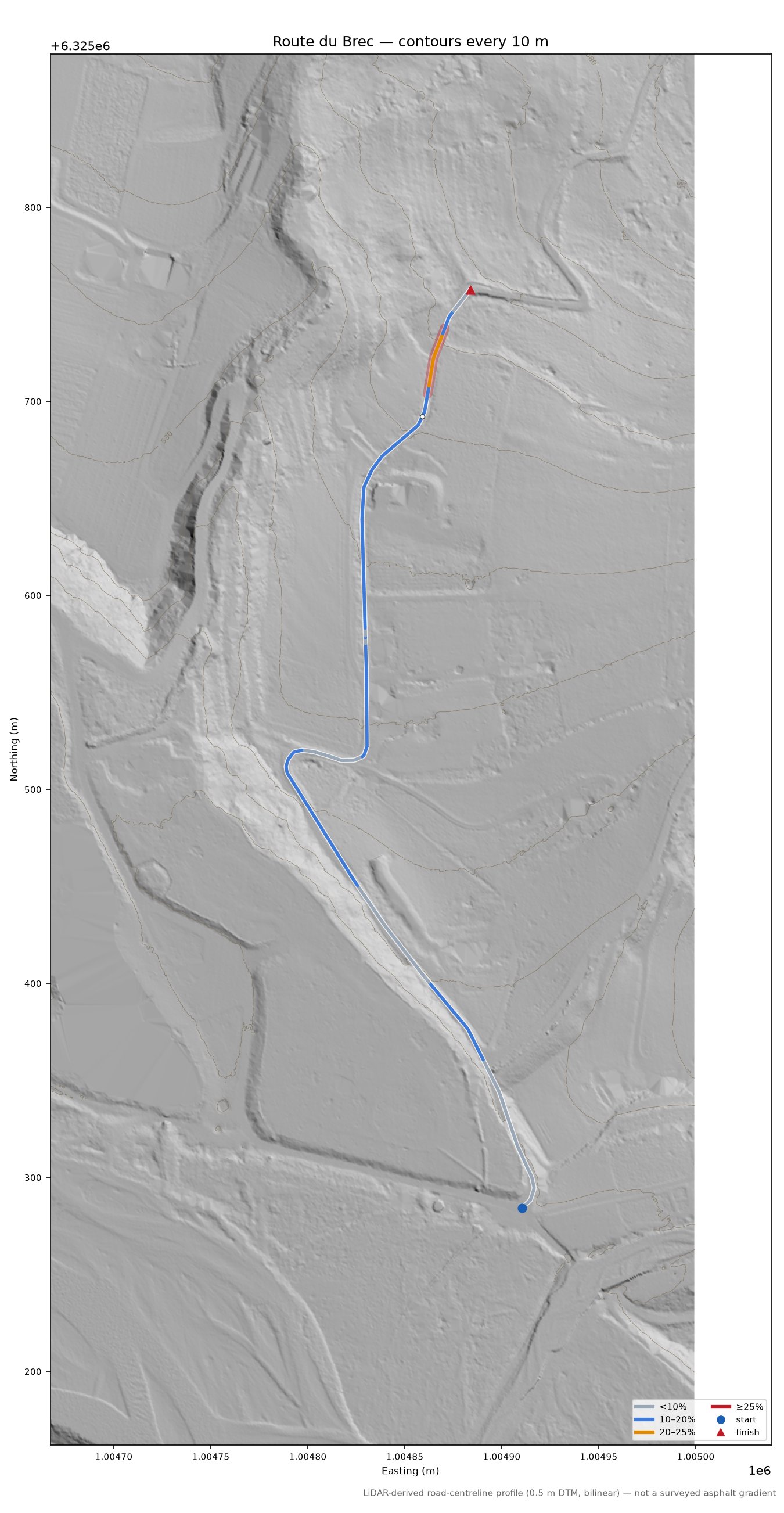 Route du Brec LiDAR hillshade map with contours