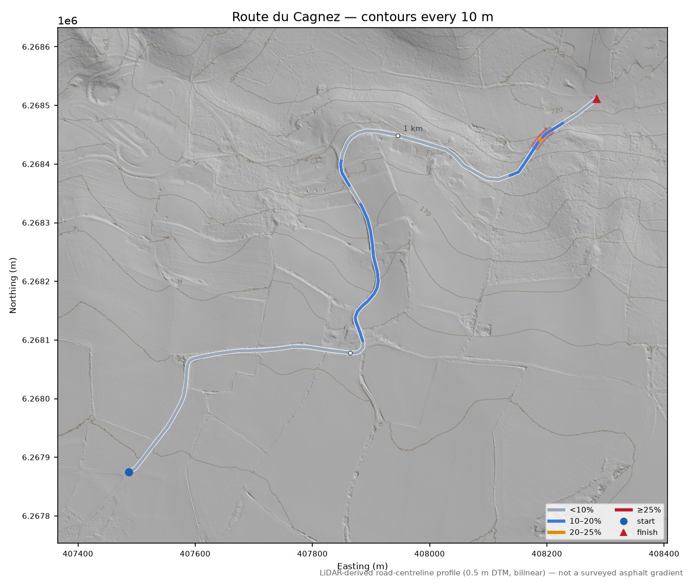 Route du Cagnez LiDAR hillshade map with contours