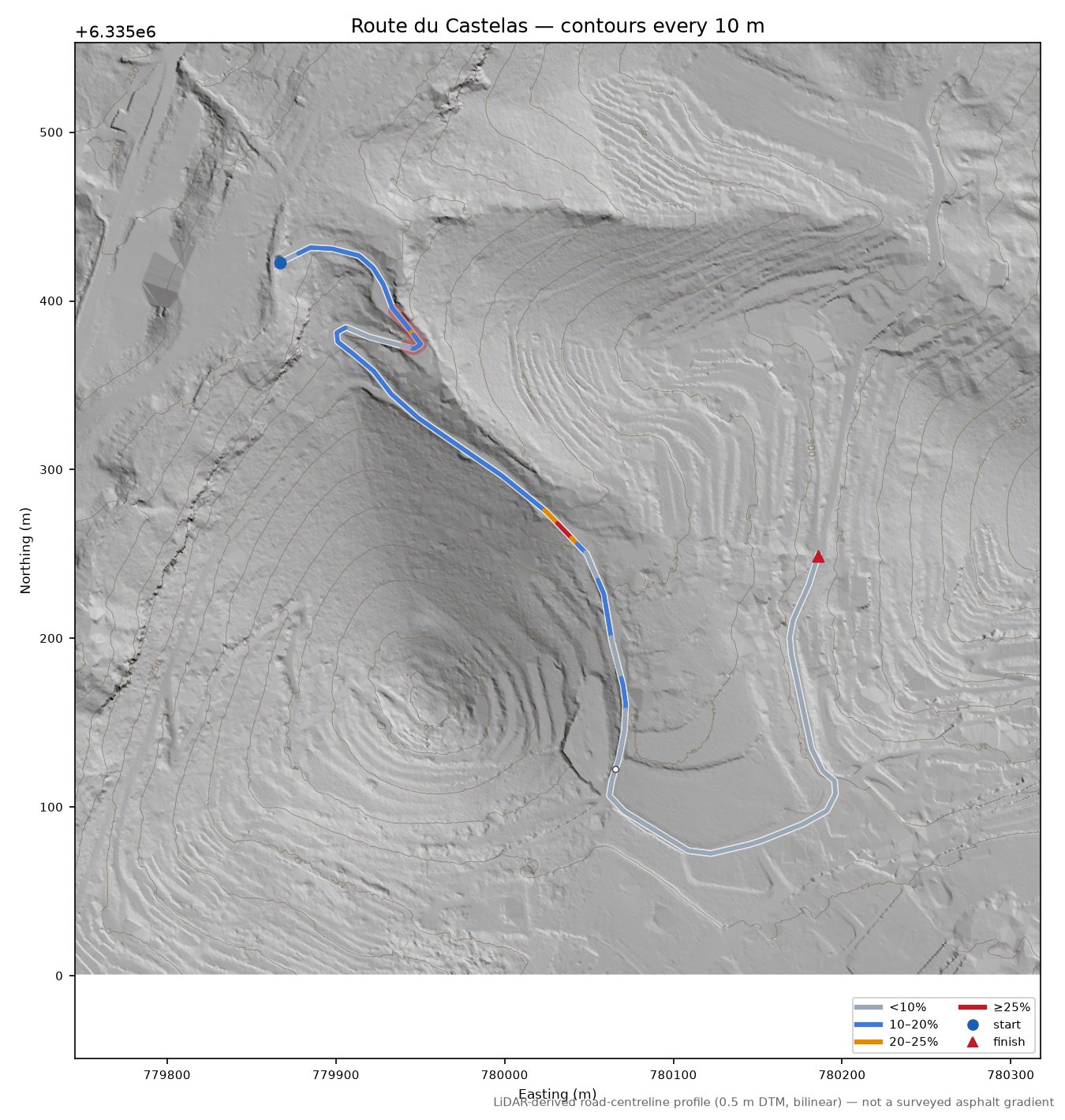 Route du Castelas LiDAR hillshade map with contours