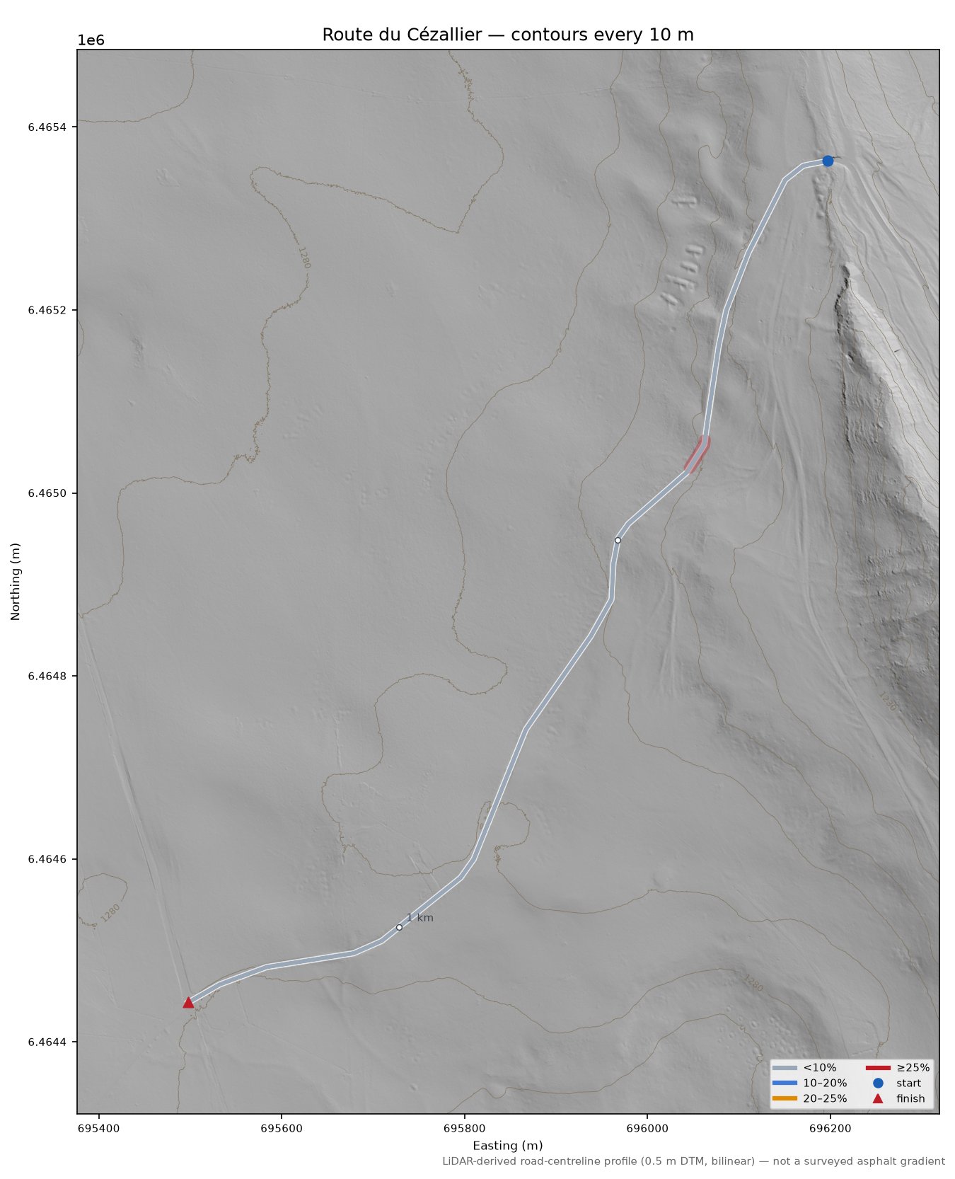 Col de Fortunier LiDAR hillshade map with contours