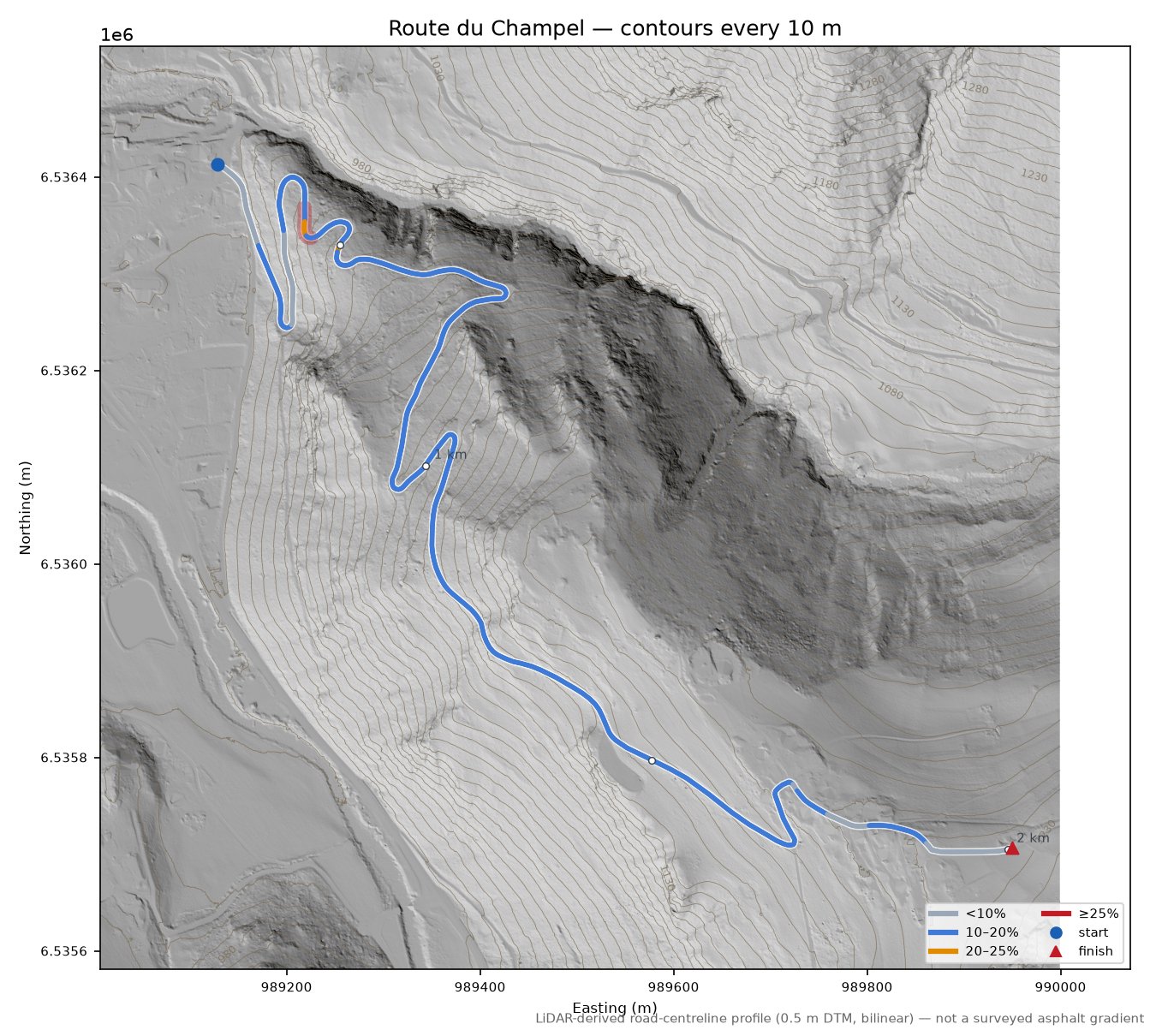 Route du Champel LiDAR hillshade map with contours
