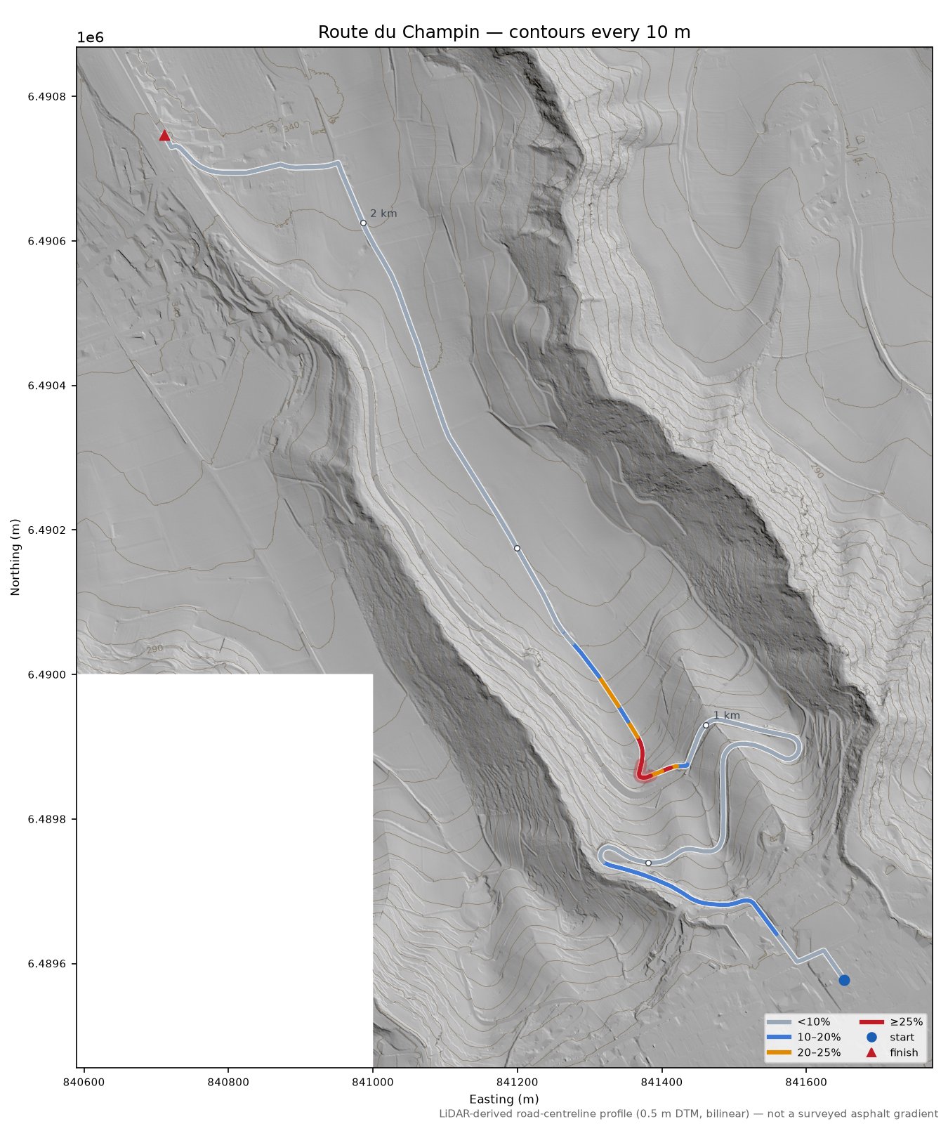 Route du Champin LiDAR hillshade map with contours