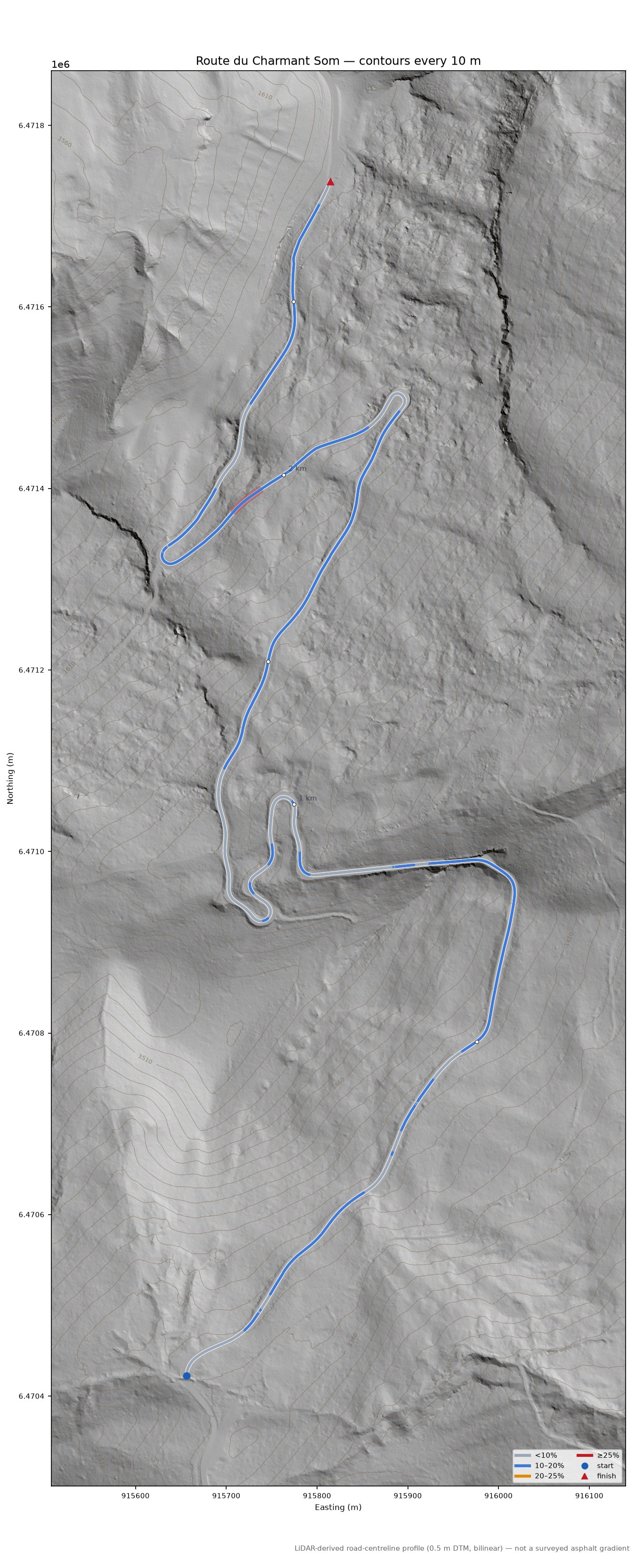 Route du Charmant Som LiDAR hillshade map with contours