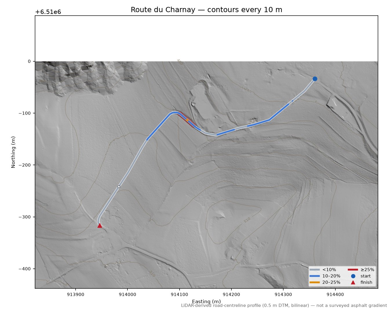 Route du Charnay LiDAR hillshade map with contours