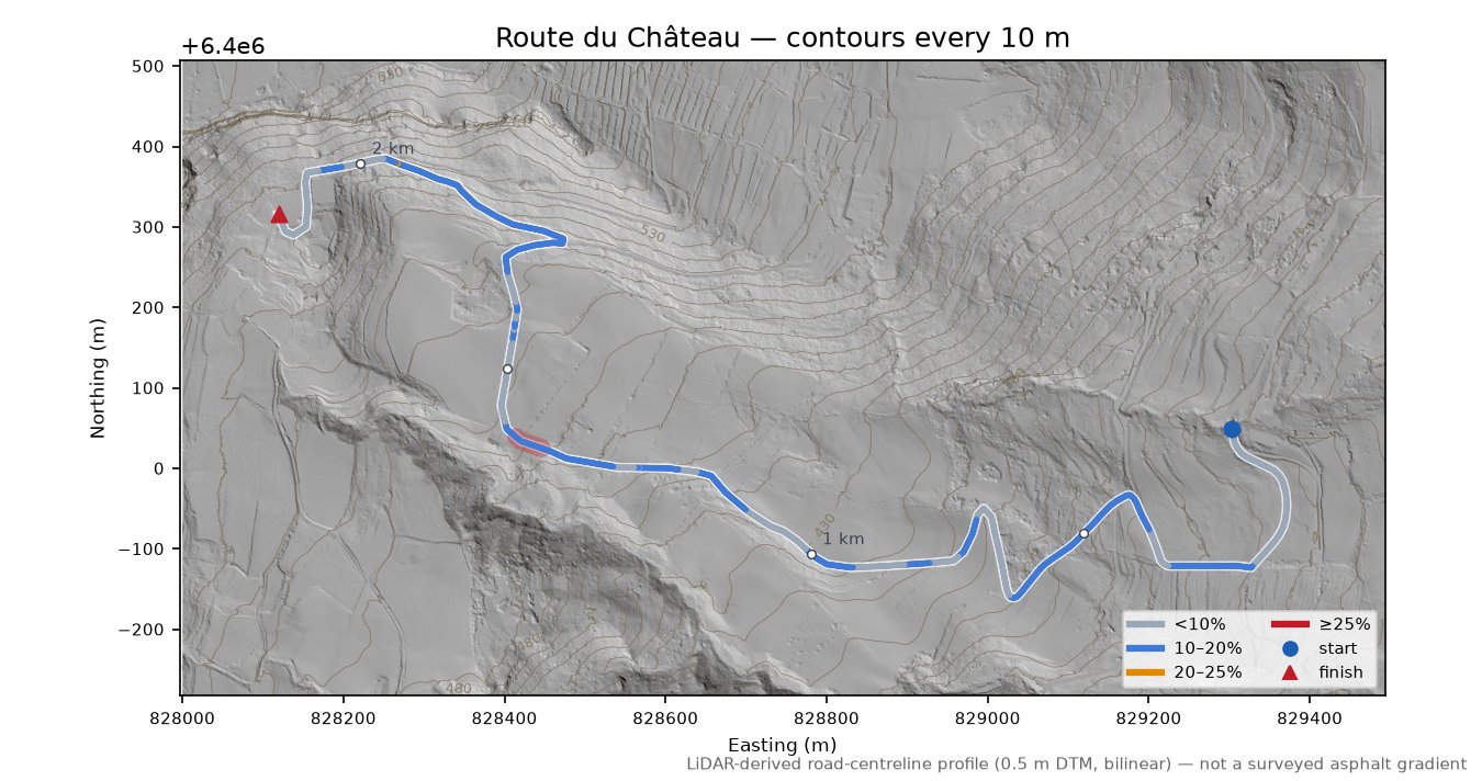 Route du Château LiDAR hillshade map with contours