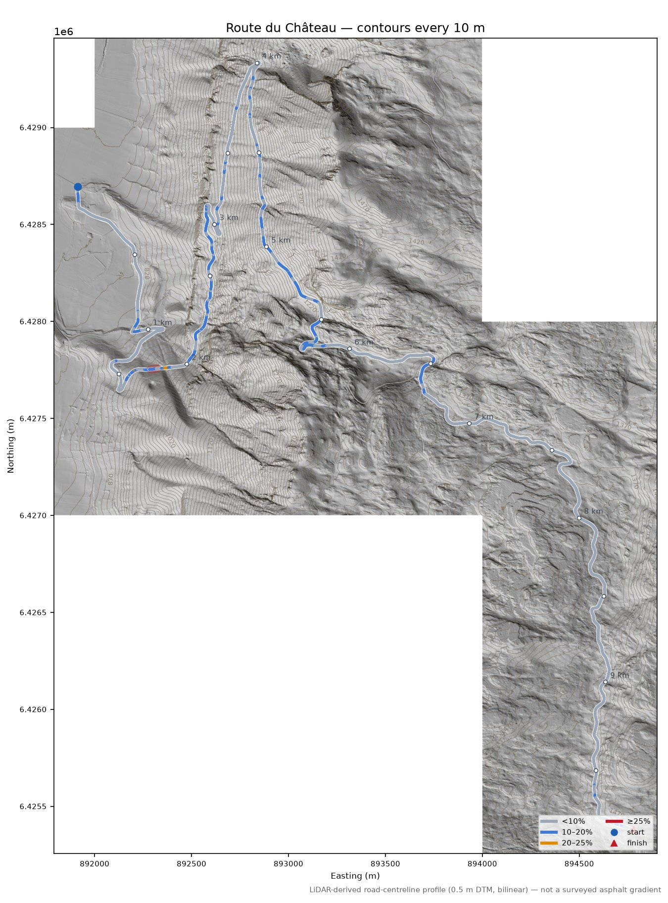 Route du Château LiDAR hillshade map with contours