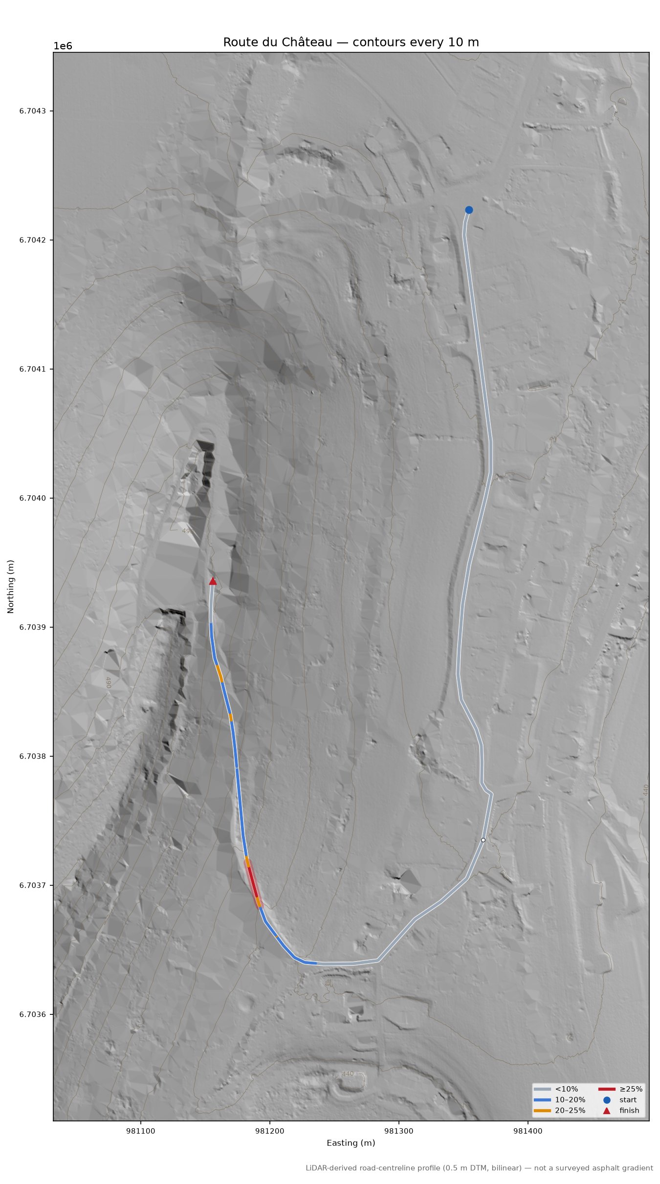 Route du Château LiDAR hillshade map with contours