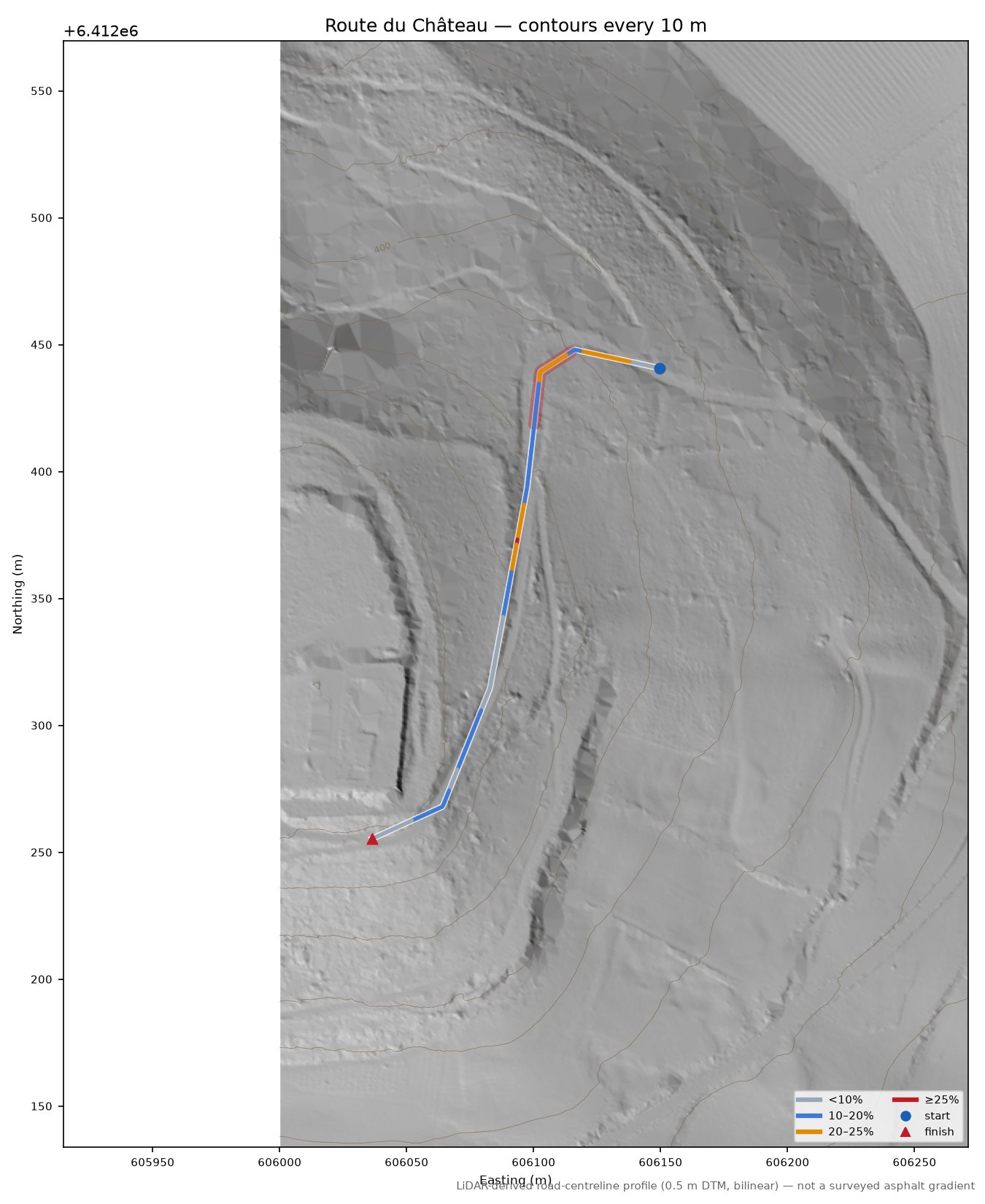 Route du Château LiDAR hillshade map with contours