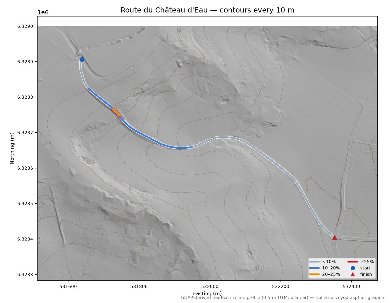 Route du Château d'Eau LiDAR hillshade map with contours