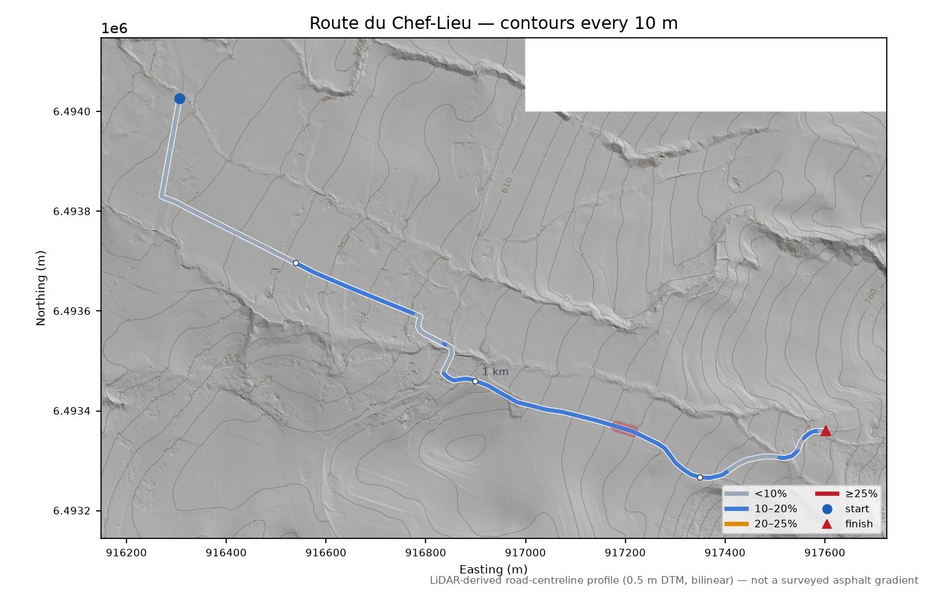 Route du Chef-Lieu LiDAR hillshade map with contours