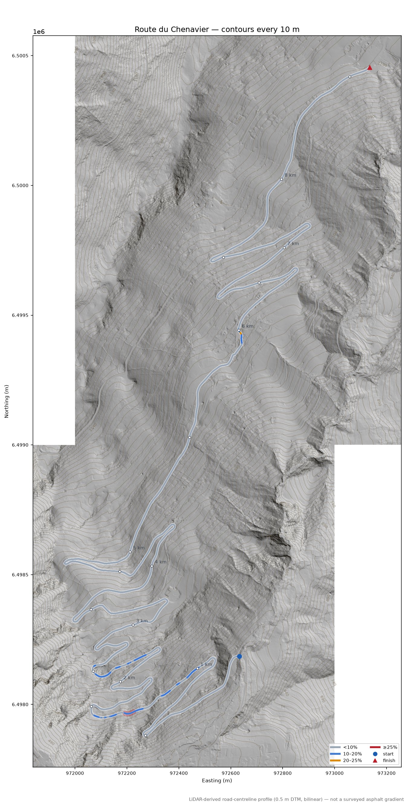 Route du Chenavier LiDAR hillshade map with contours