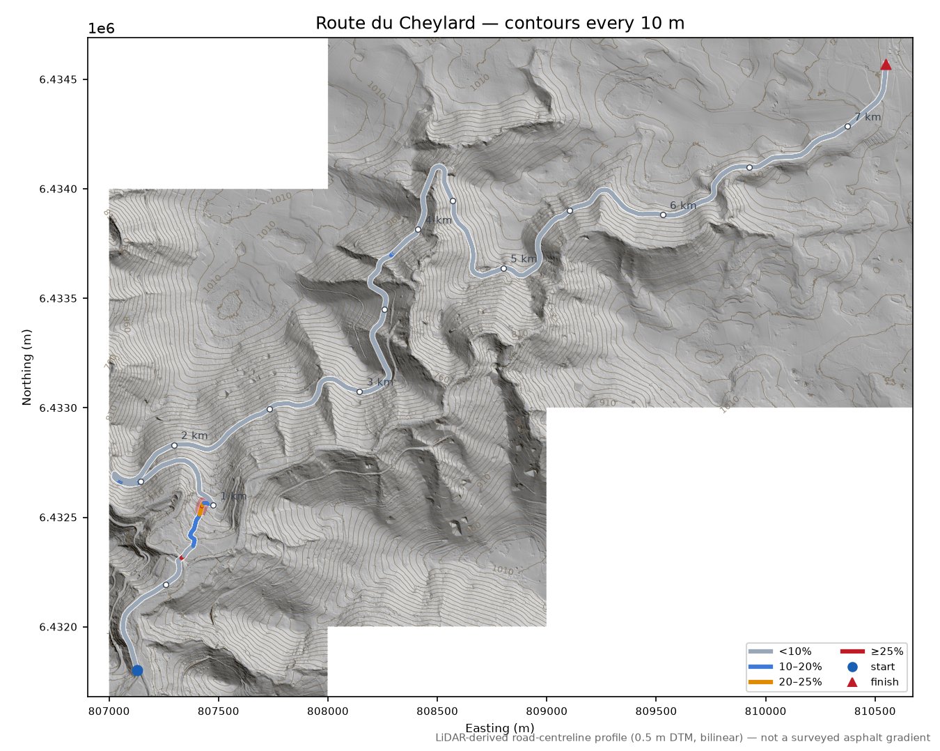 Route du Cheylard LiDAR hillshade map with contours
