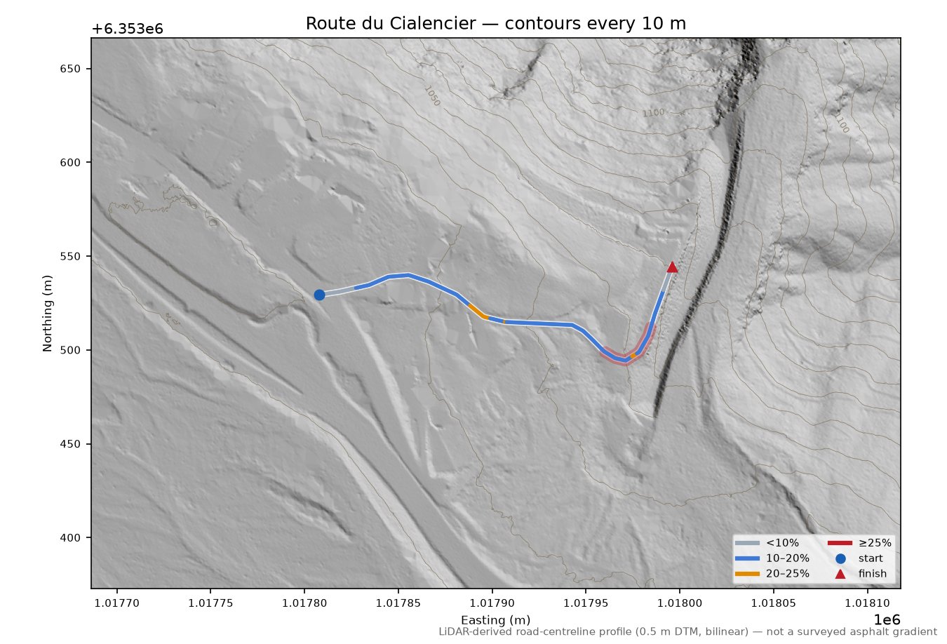 Route du Cialencier LiDAR hillshade map with contours