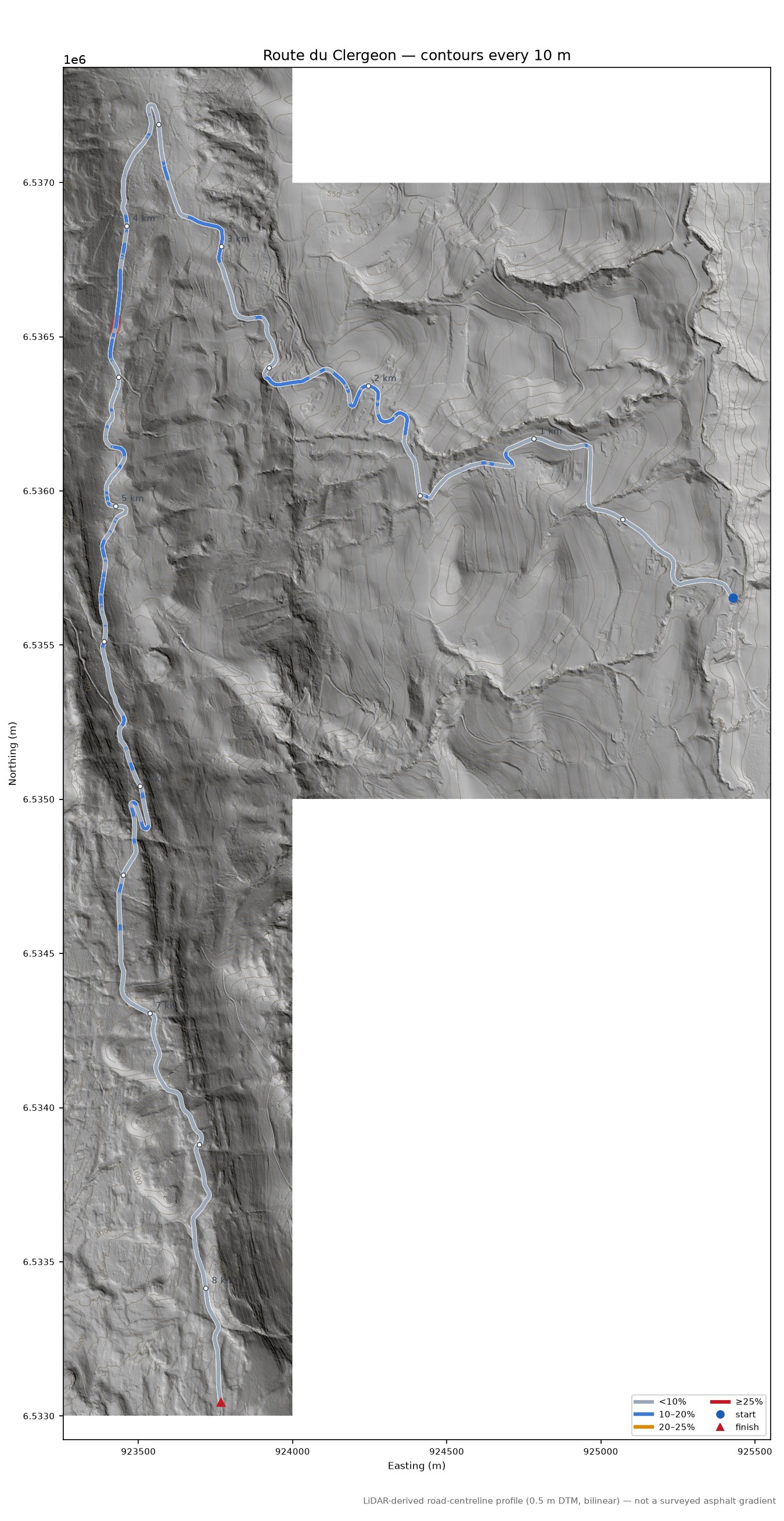 Route du Clergeon LiDAR hillshade map with contours