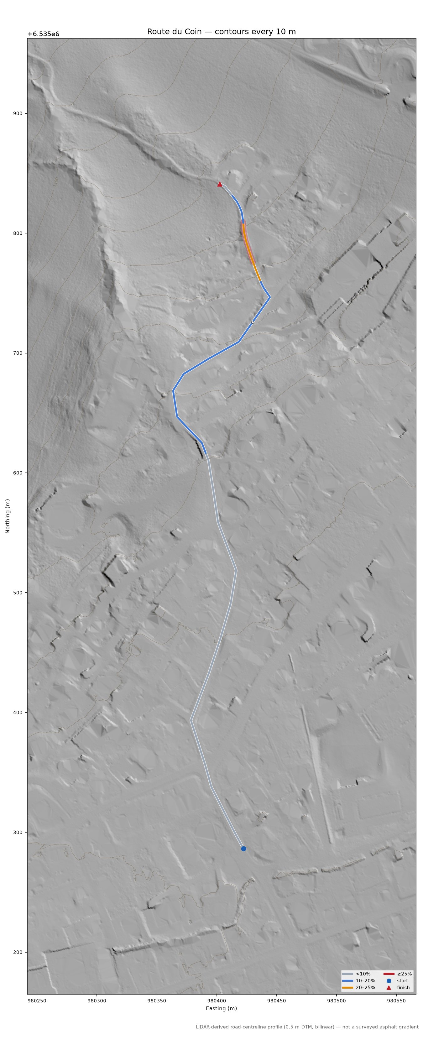 Route du Coin LiDAR hillshade map with contours